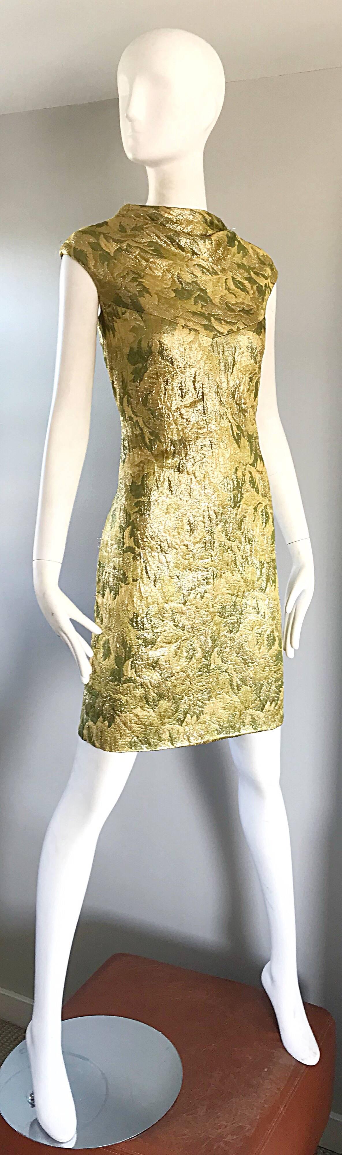 Joseph Magnin Gold + Chartreuse Grün Seidenbrokat 60er Jahre Vintage Etuikleid, 1960er Jahre Damen im Angebot