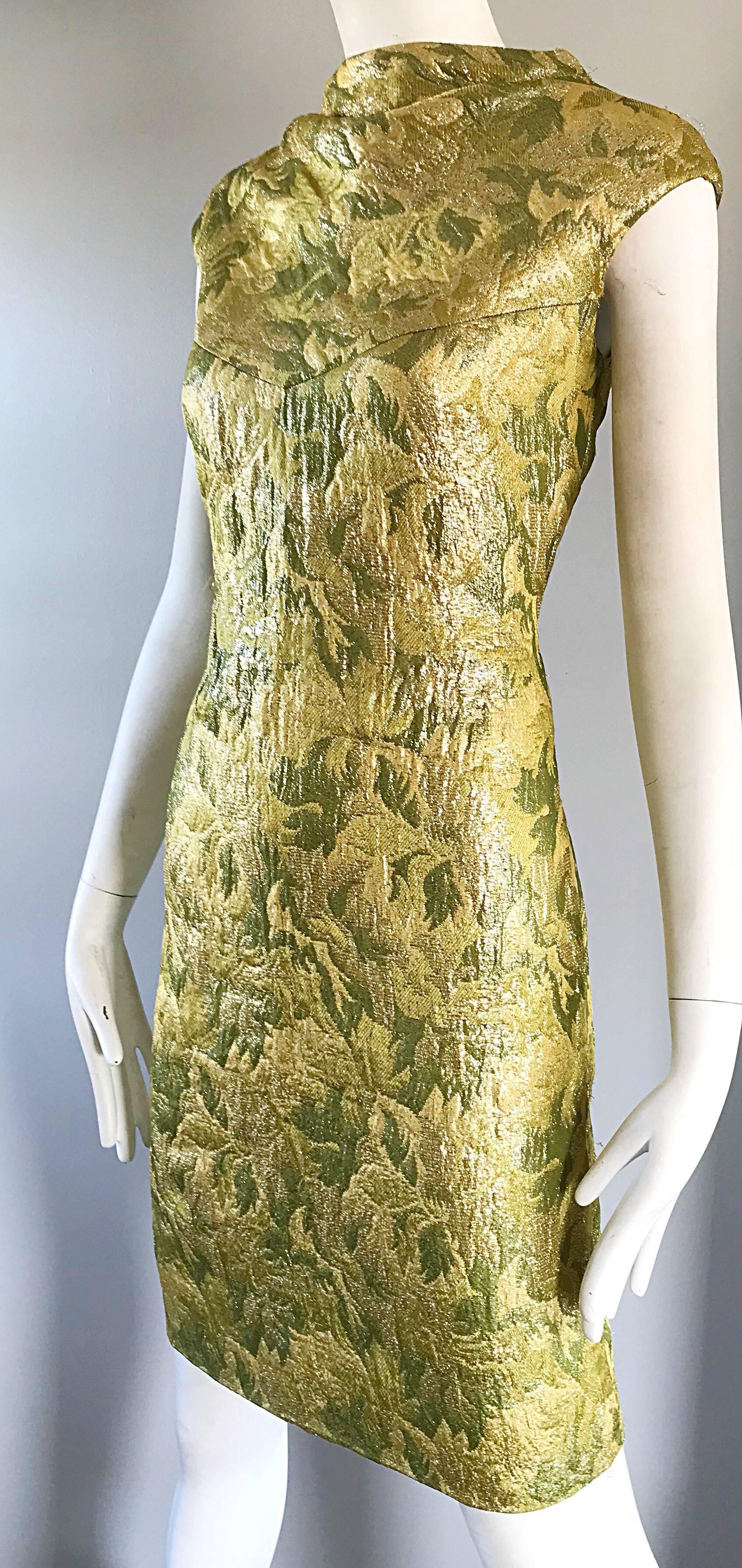 Brown 1960s Joseph Magnin Gold + Chartreuse Green Silk Brocade 60s Vintage Shift Dress For Sale