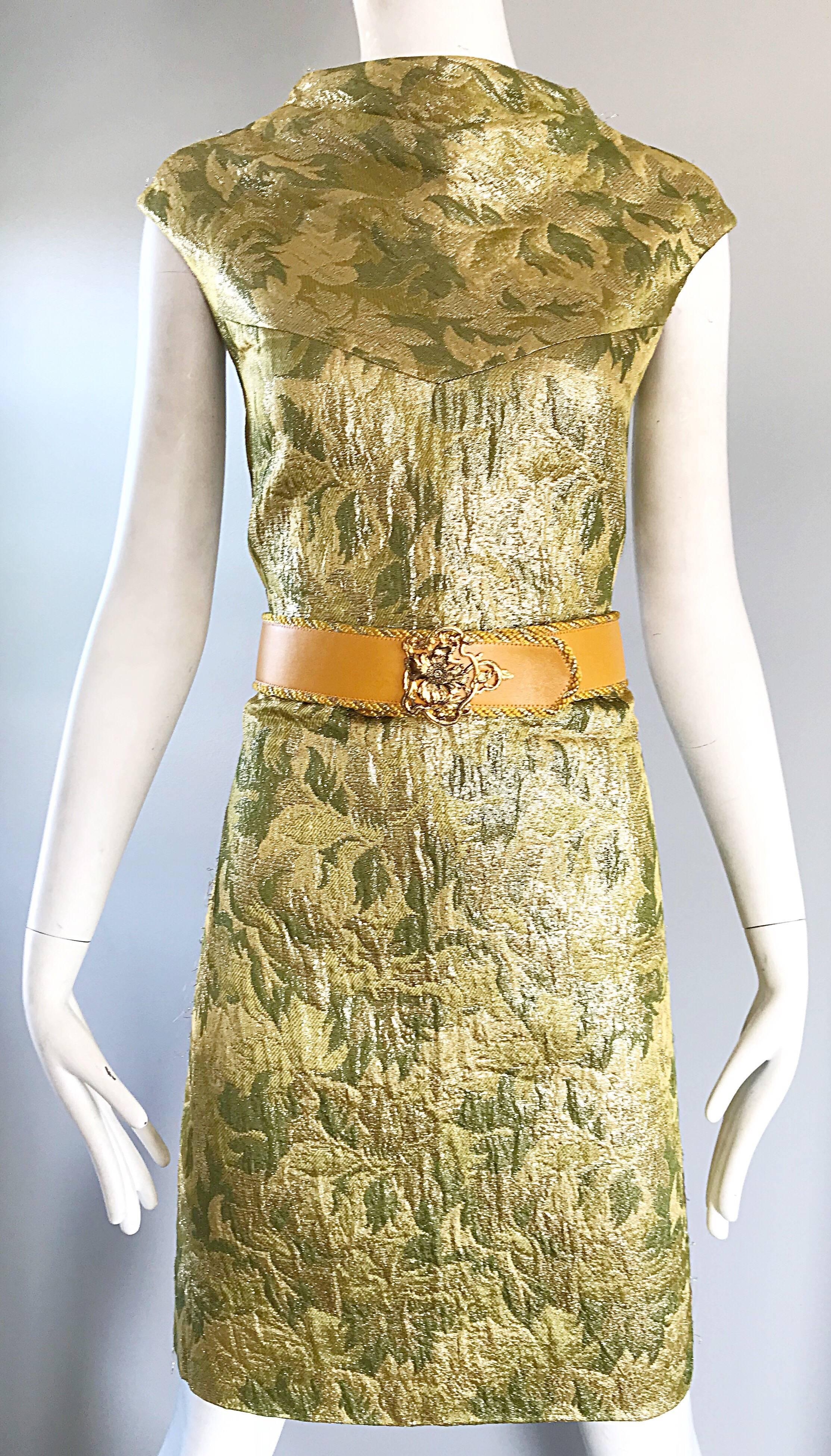 1960s Joseph Magnin Gold + Chartreuse Green Silk Brocade 60s Vintage Shift Dress In Excellent Condition For Sale In San Diego, CA
