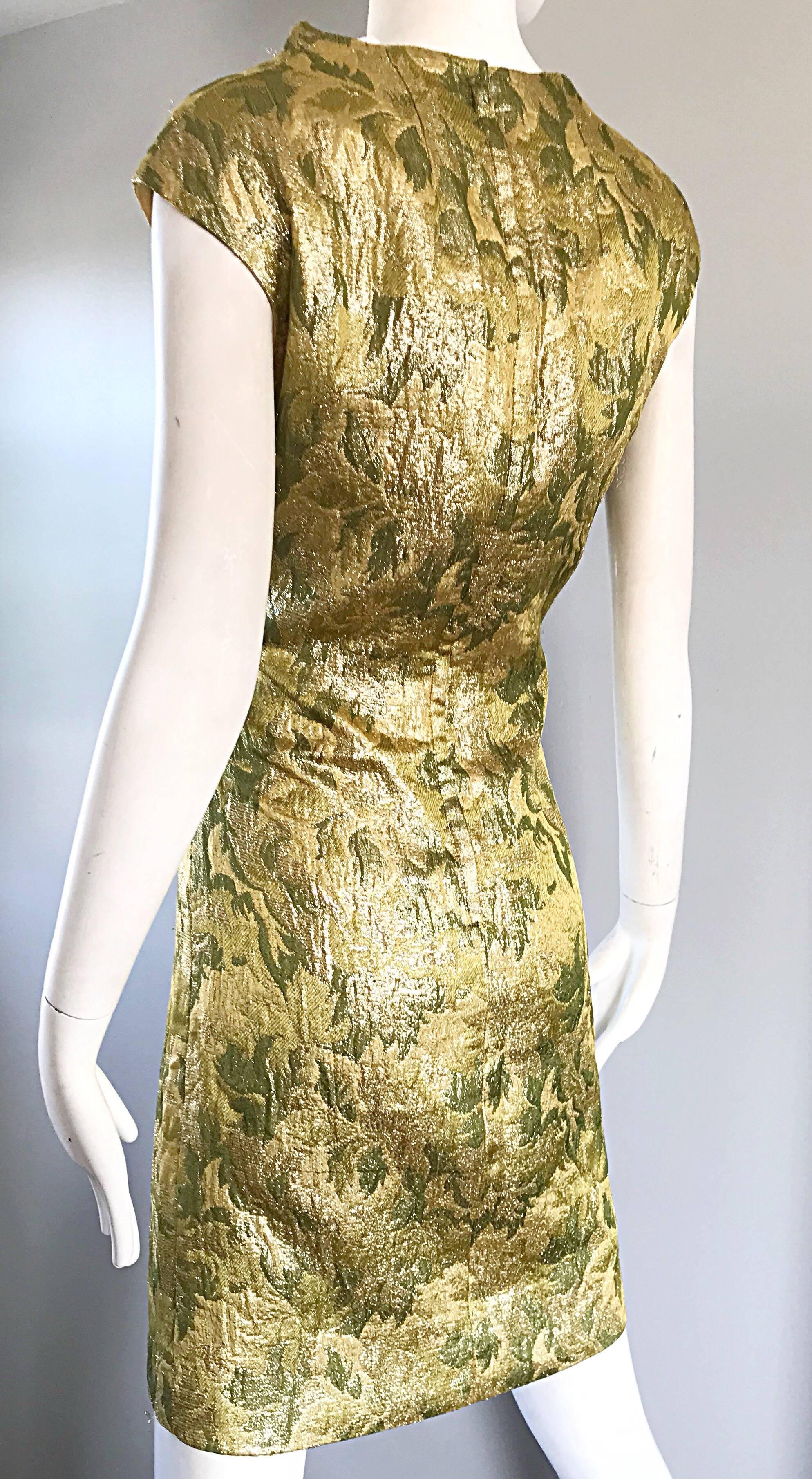 1960s Joseph Magnin Gold + Chartreuse Green Silk Brocade 60s Vintage Shift Dress For Sale 1