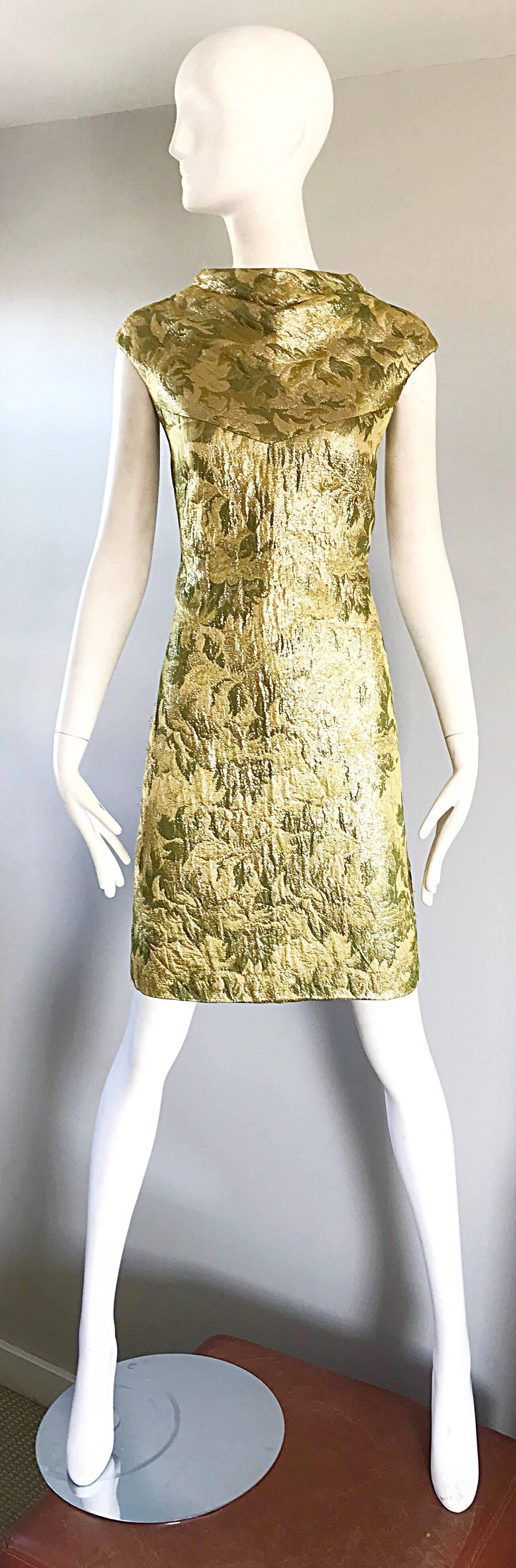 1960s Joseph Magnin Gold + Chartreuse Green Silk Brocade 60s Vintage Shift Dress For Sale 2