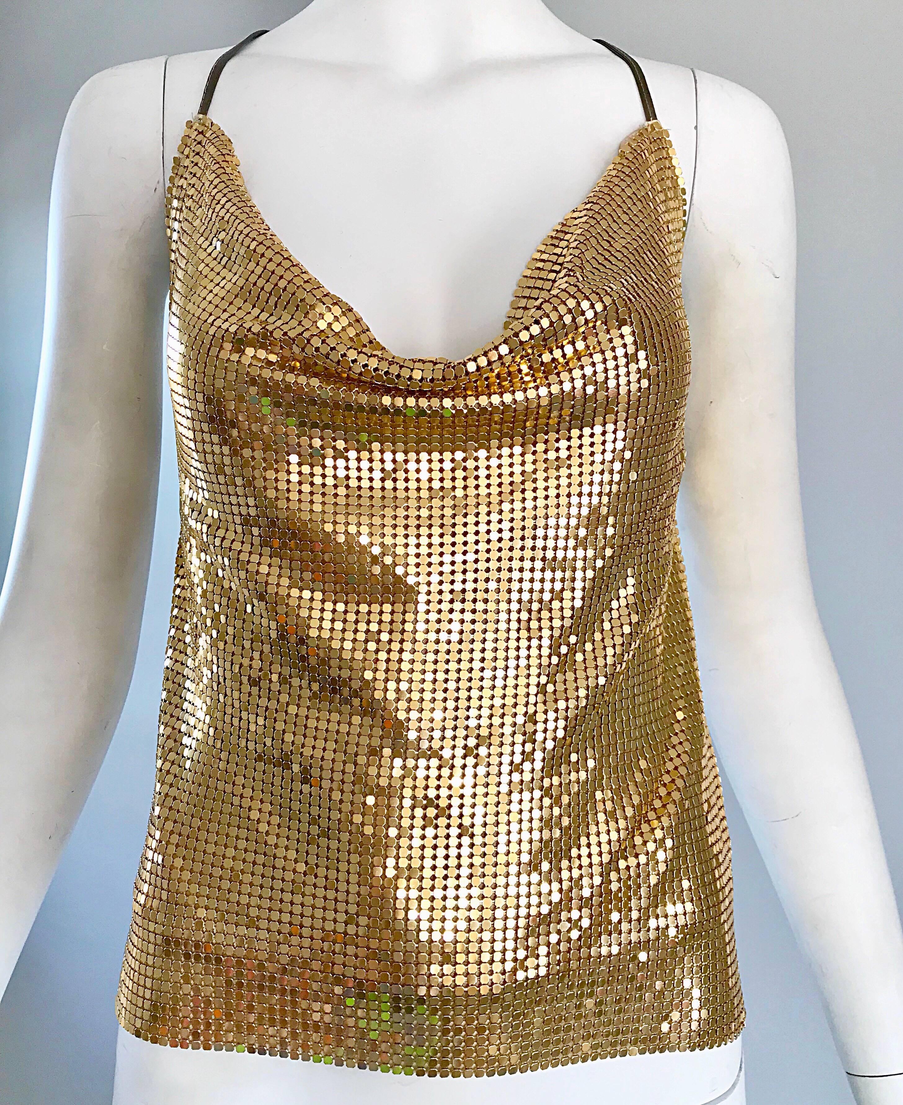 1970s Gold Metal Mesh Chainmail Amazing 70s Vintage Disco Studio 54 Halter Top In Excellent Condition In San Diego, CA