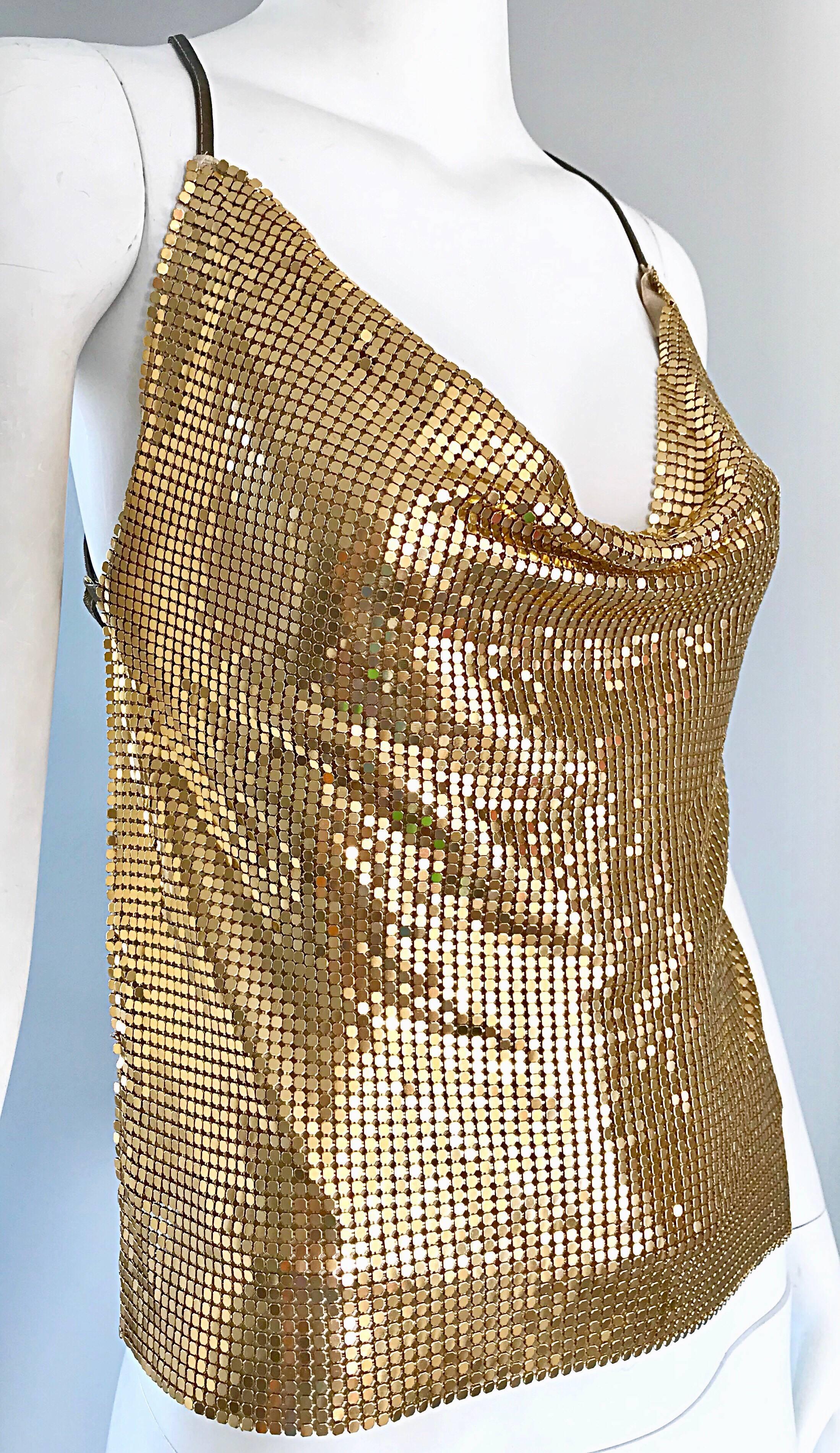 Women's 1970s Gold Metal Mesh Chainmail Amazing 70s Vintage Disco Studio 54 Halter Top