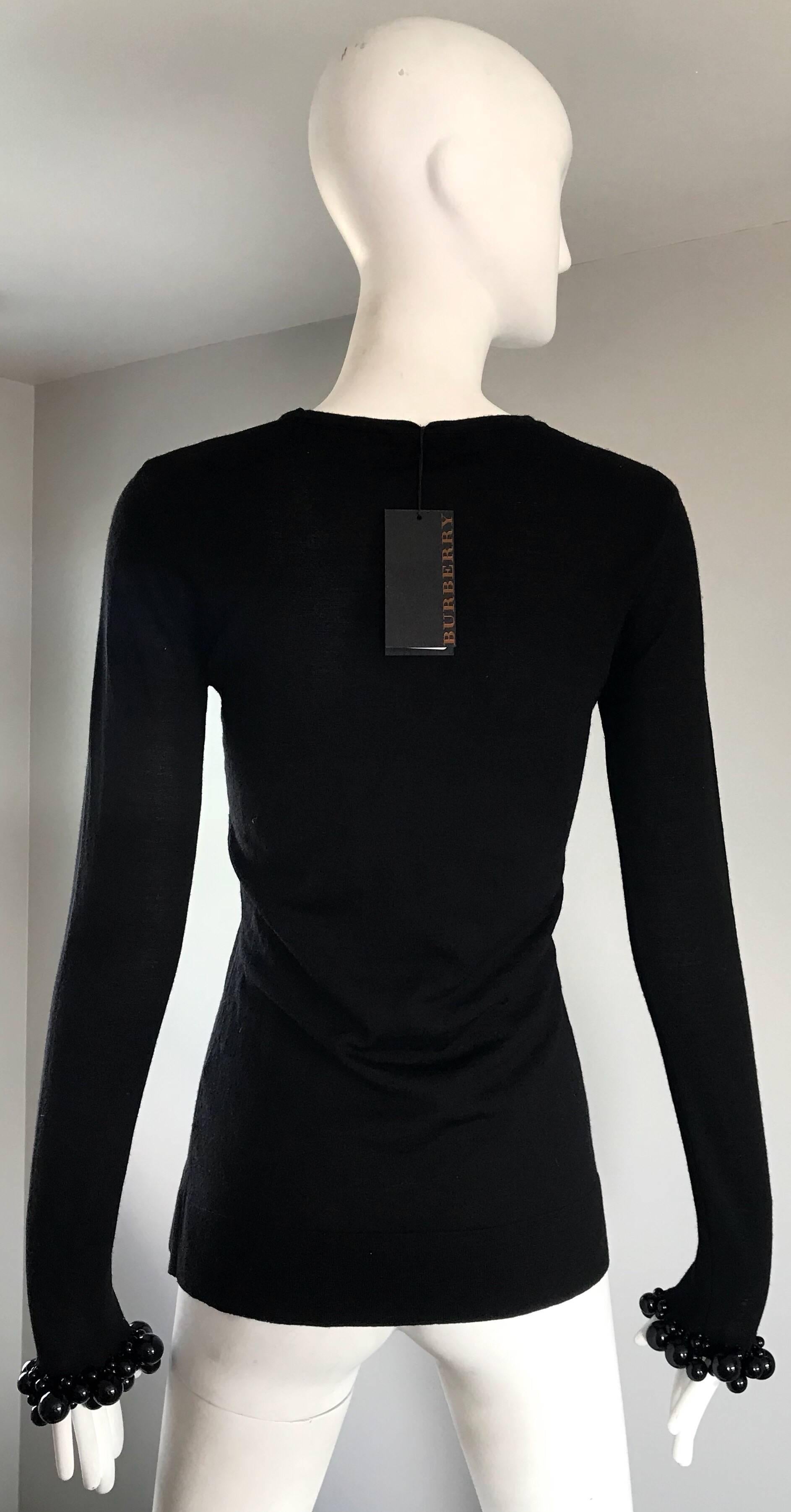 Women's NWT Burberry Prorsum Jet Black Virgin Wool Sweater w/ Large Beaded Cuffs NEW  For Sale