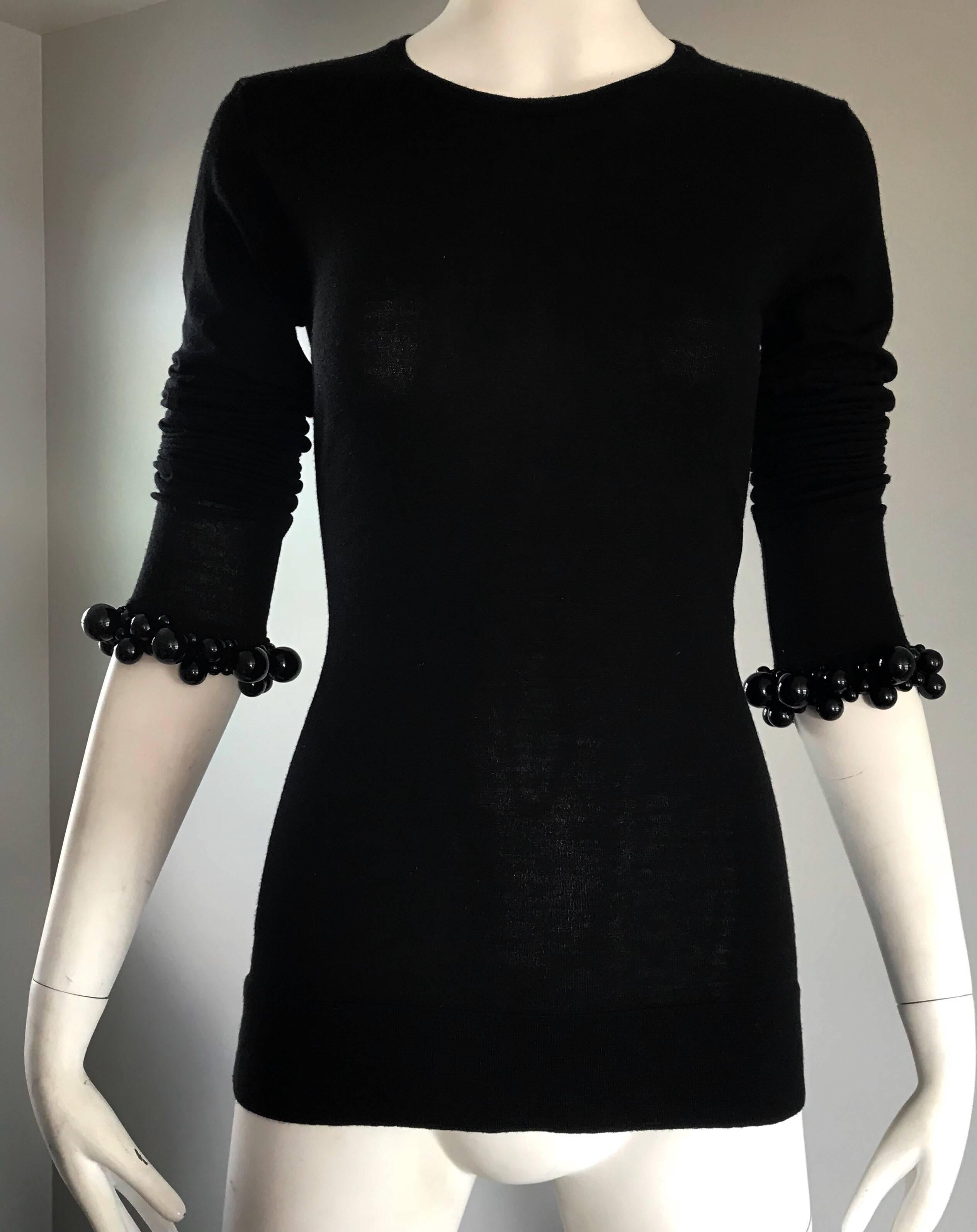 NWT Burberry Prorsum Jet Black Virgin Wool Sweater w/ Large Beaded Cuffs NEW  For Sale 1