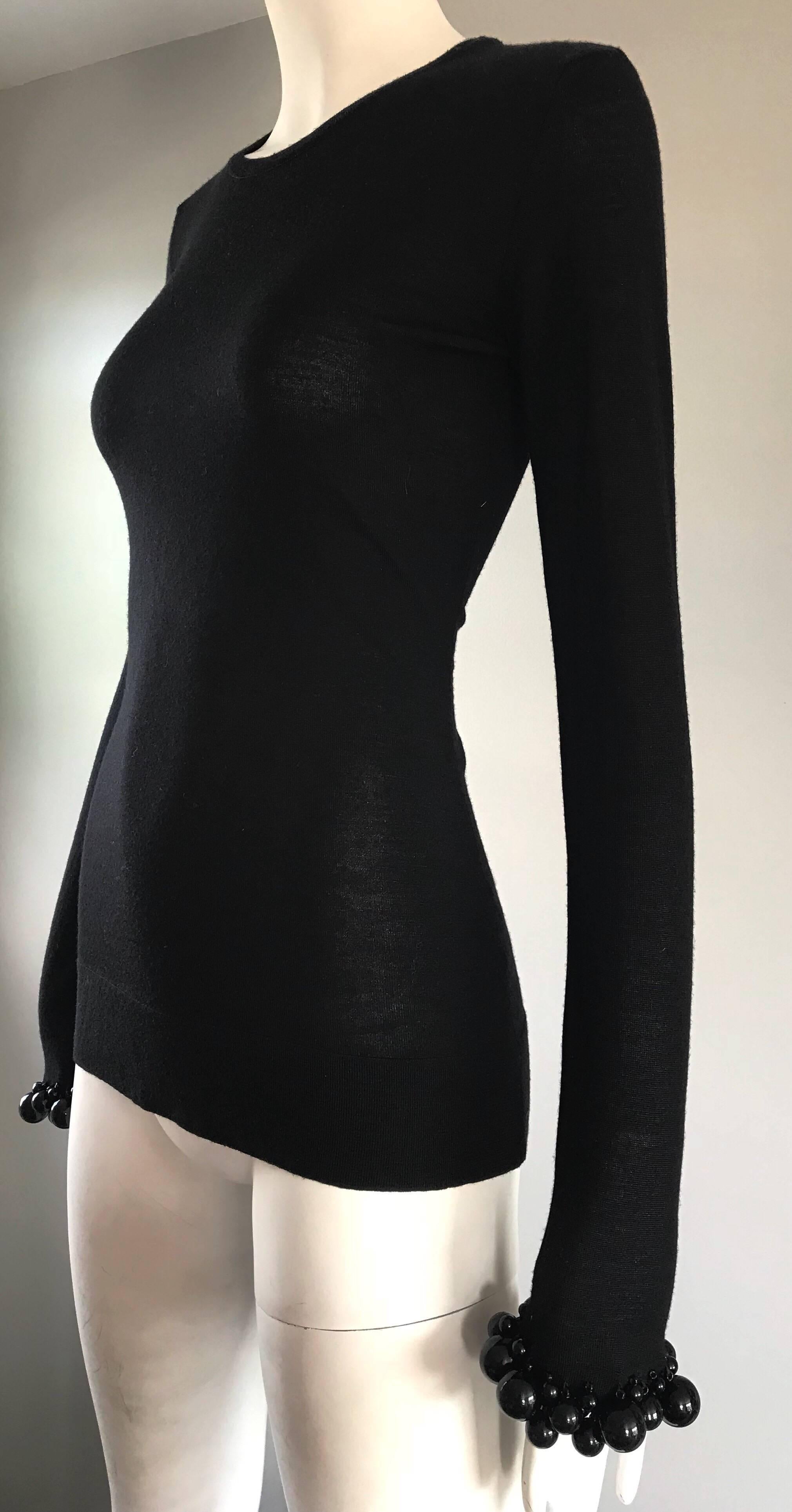 NWT Burberry Prorsum Jet Black Virgin Wool Sweater w/ Large Beaded Cuffs NEW  For Sale 2