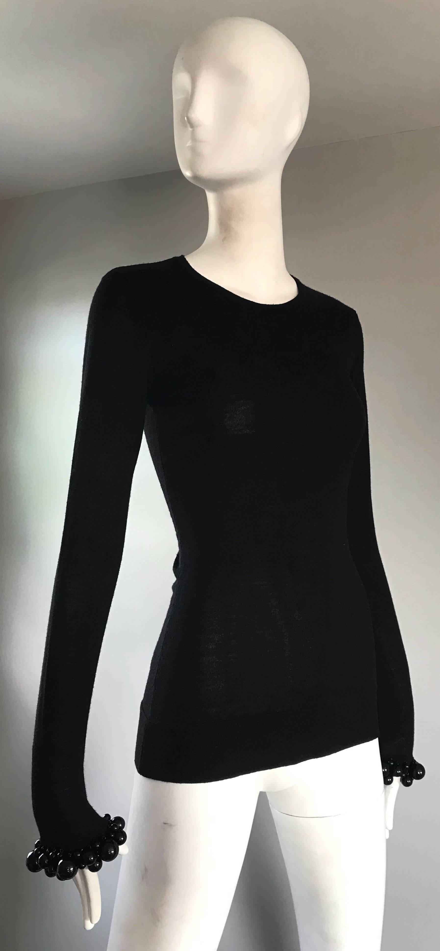 NWT Burberry Prorsum Jet Black Virgin Wool Sweater w/ Large Beaded Cuffs NEW  For Sale 3
