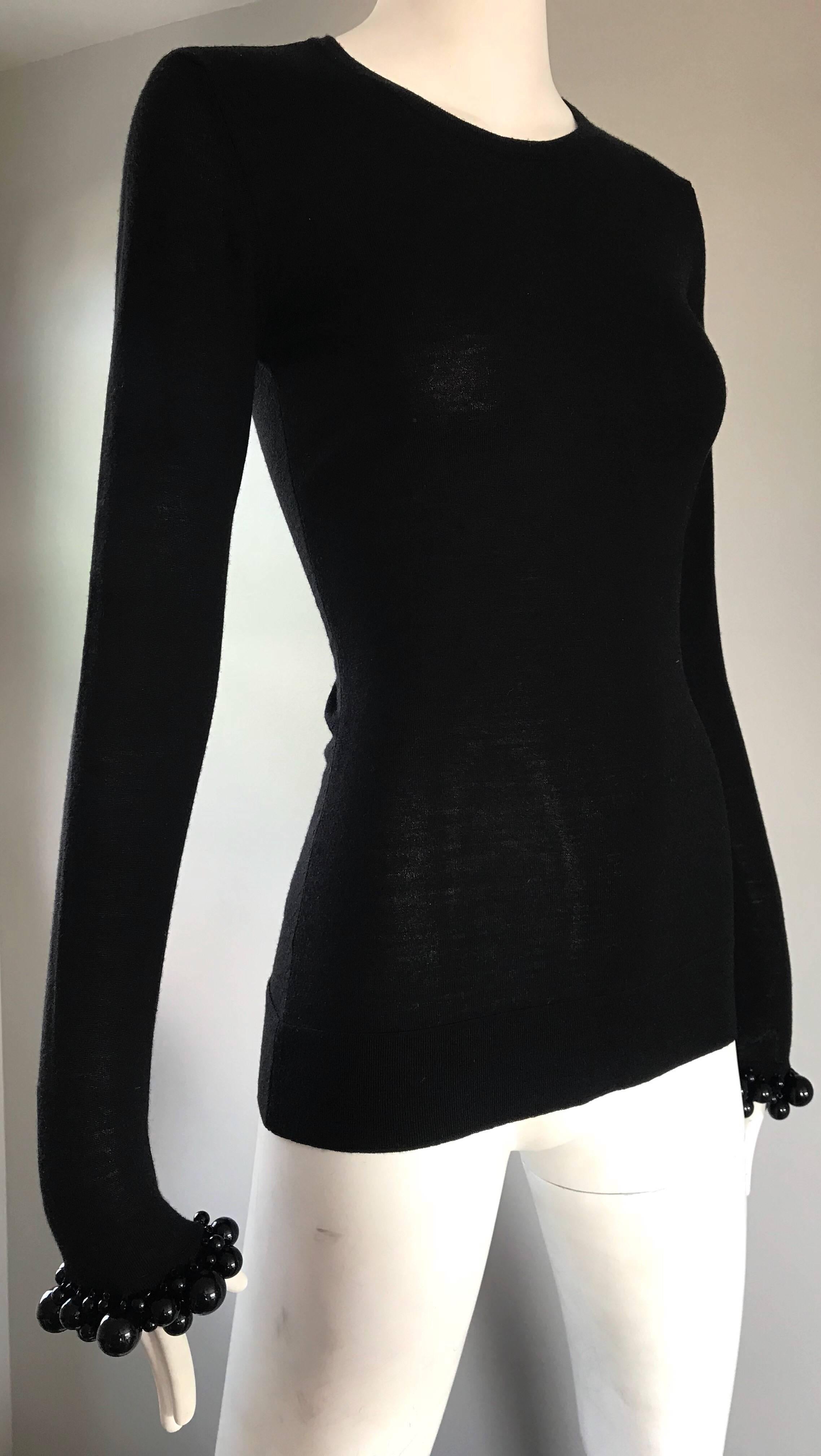 NWT Burberry Prorsum Jet Black Virgin Wool Sweater w/ Large Beaded Cuffs NEW  For Sale 4