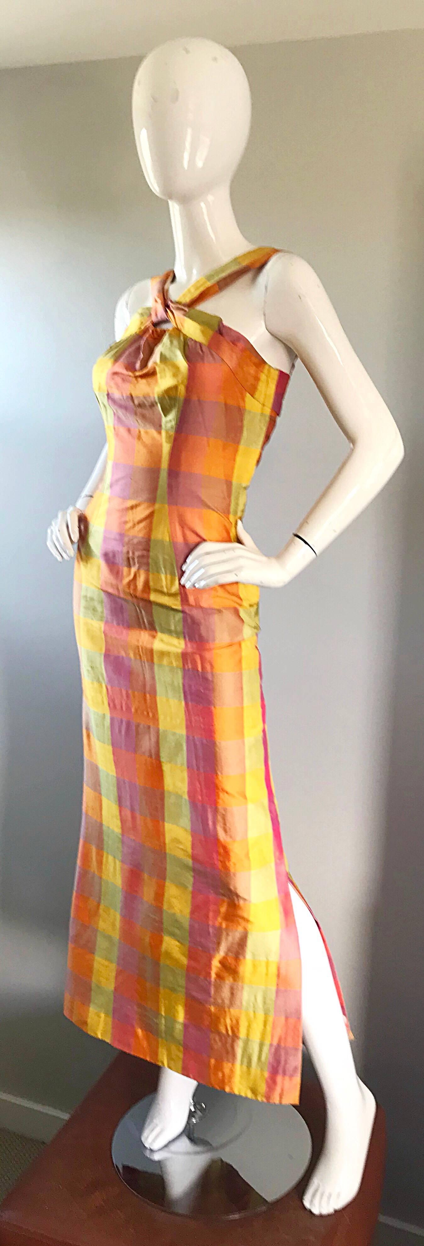 Amazing 1970s Silk Shantung Pink + Yellow + Orange Plaid Vintage 70s Maxi Dress In Excellent Condition In San Diego, CA