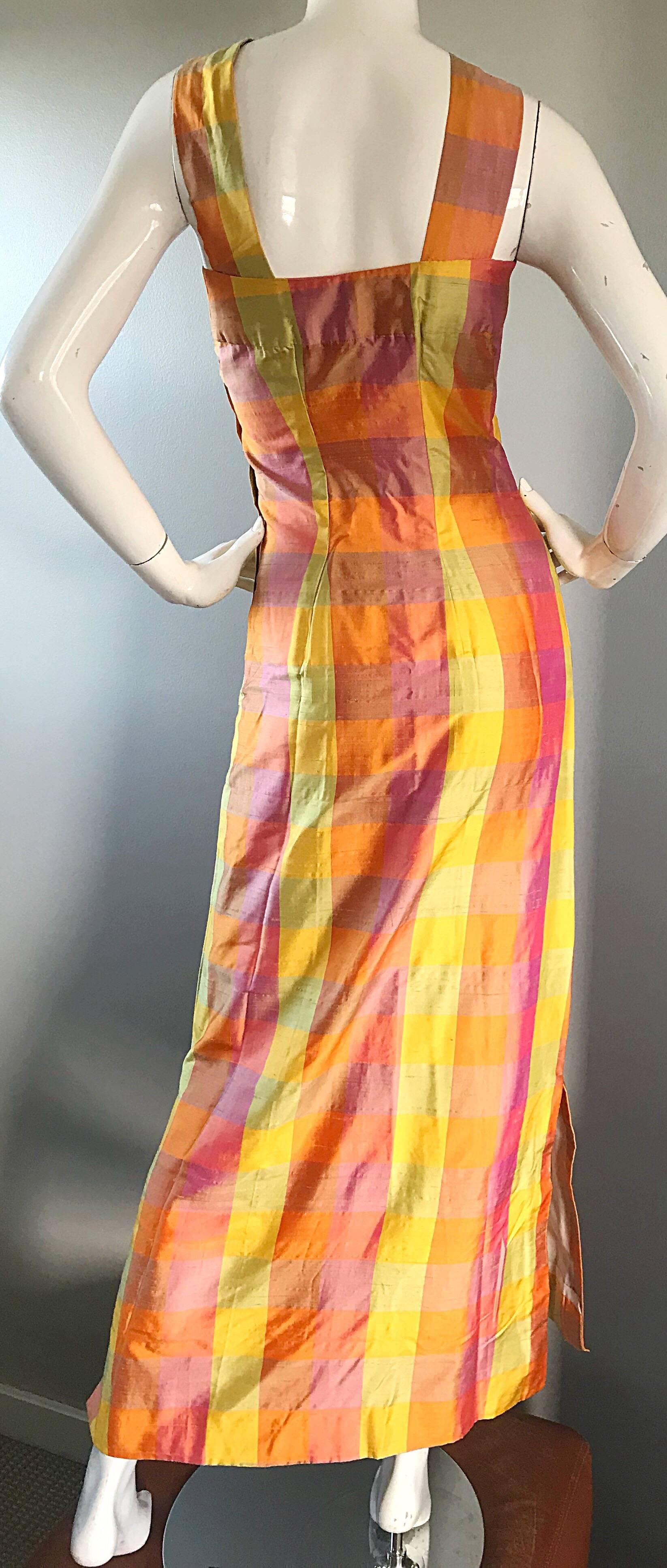 Women's Amazing 1970s Silk Shantung Pink + Yellow + Orange Plaid Vintage 70s Maxi Dress