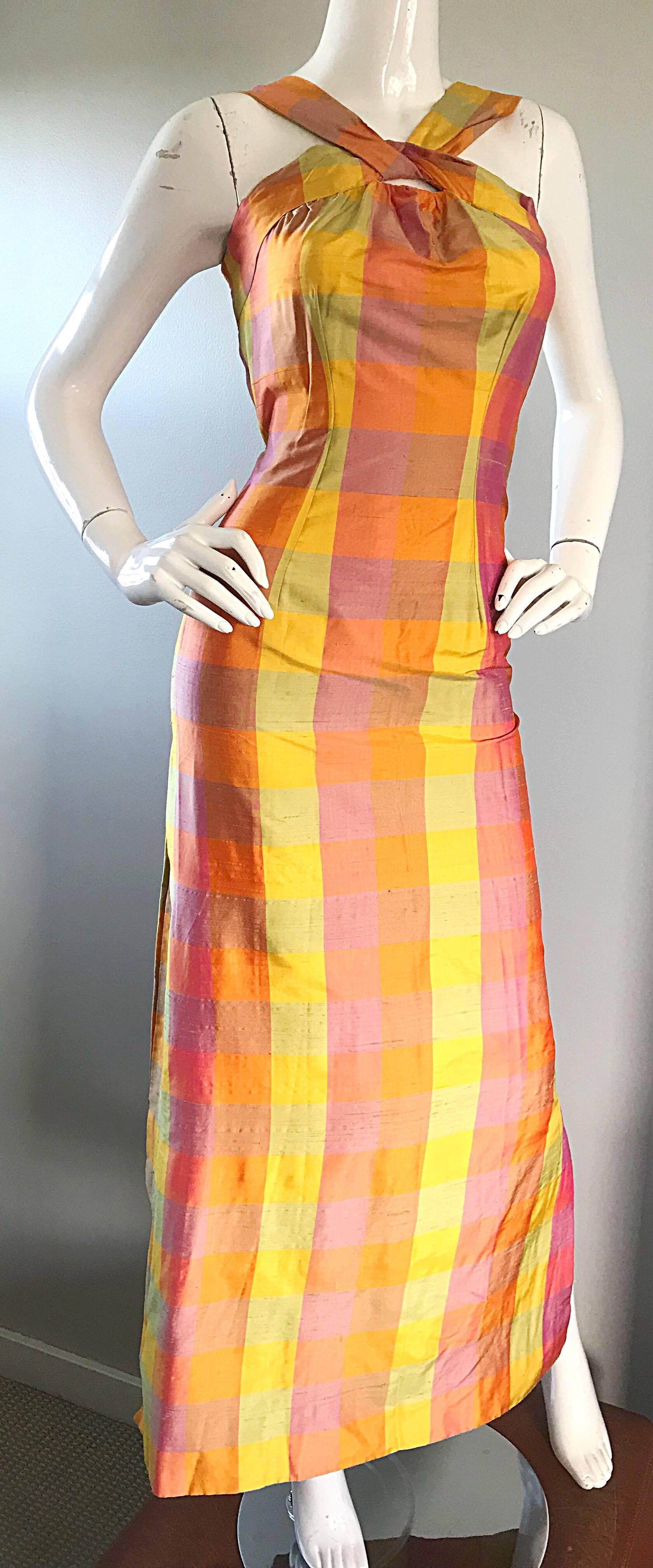 Amazing 1970s Silk Shantung Pink + Yellow + Orange Plaid Vintage 70s Maxi Dress 1