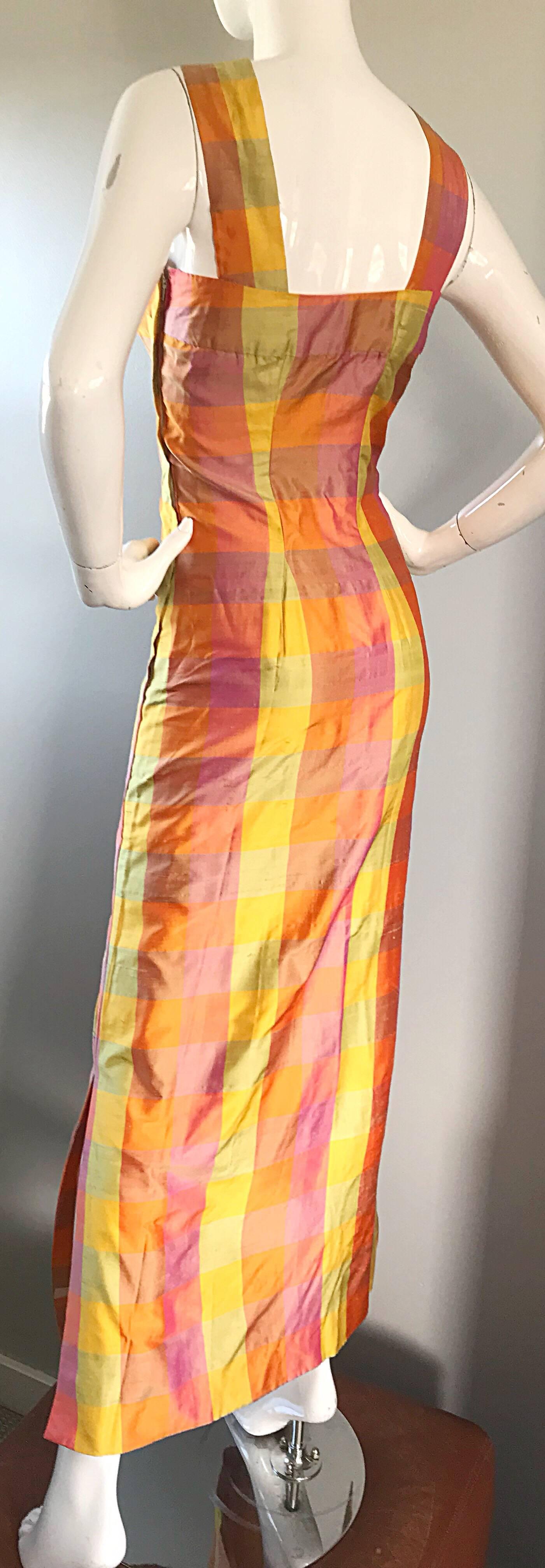 Amazing 1970s Silk Shantung Pink + Yellow + Orange Plaid Vintage 70s Maxi Dress 2