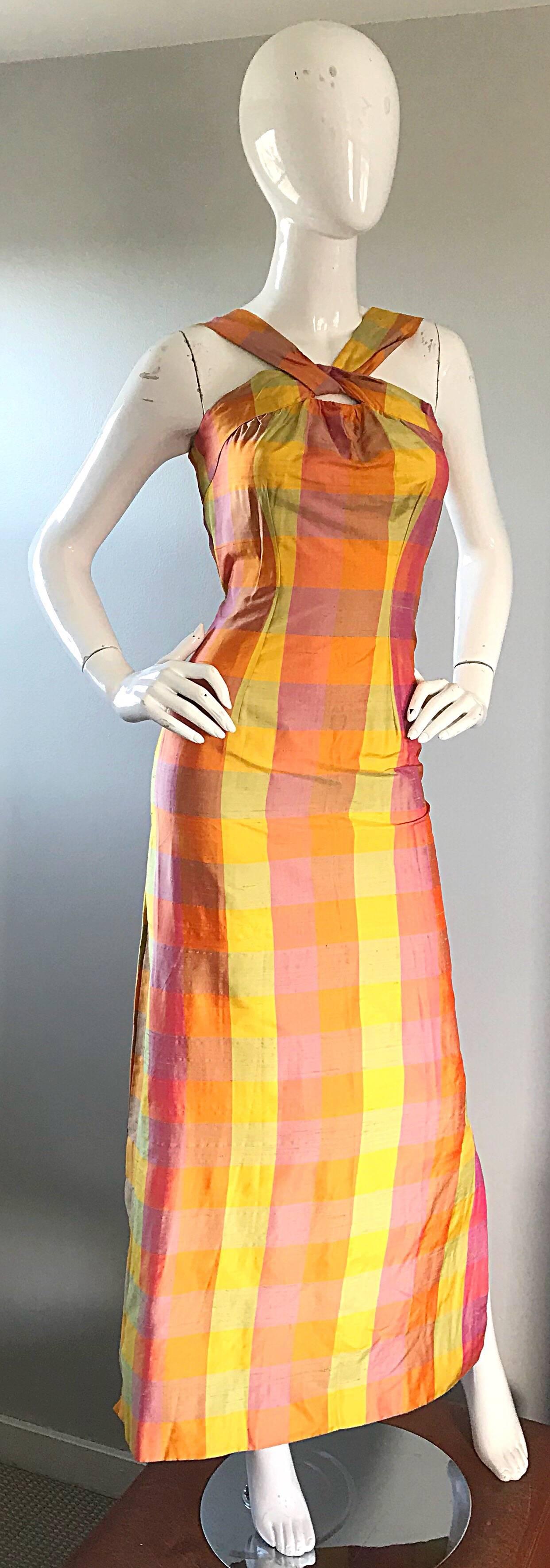 Amazing 1970s Silk Shantung Pink + Yellow + Orange Plaid Vintage 70s Maxi Dress 3