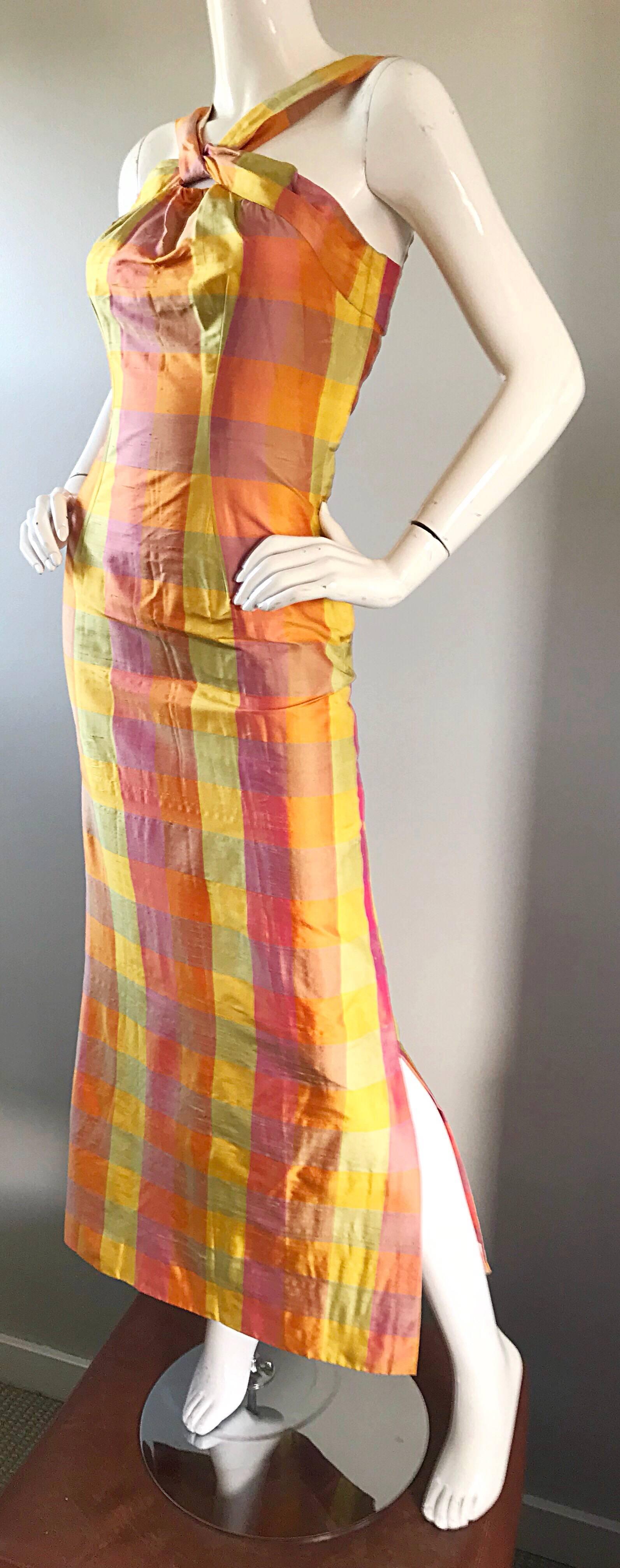 Amazing 1970s Silk Shantung Pink + Yellow + Orange Plaid Vintage 70s Maxi Dress 4