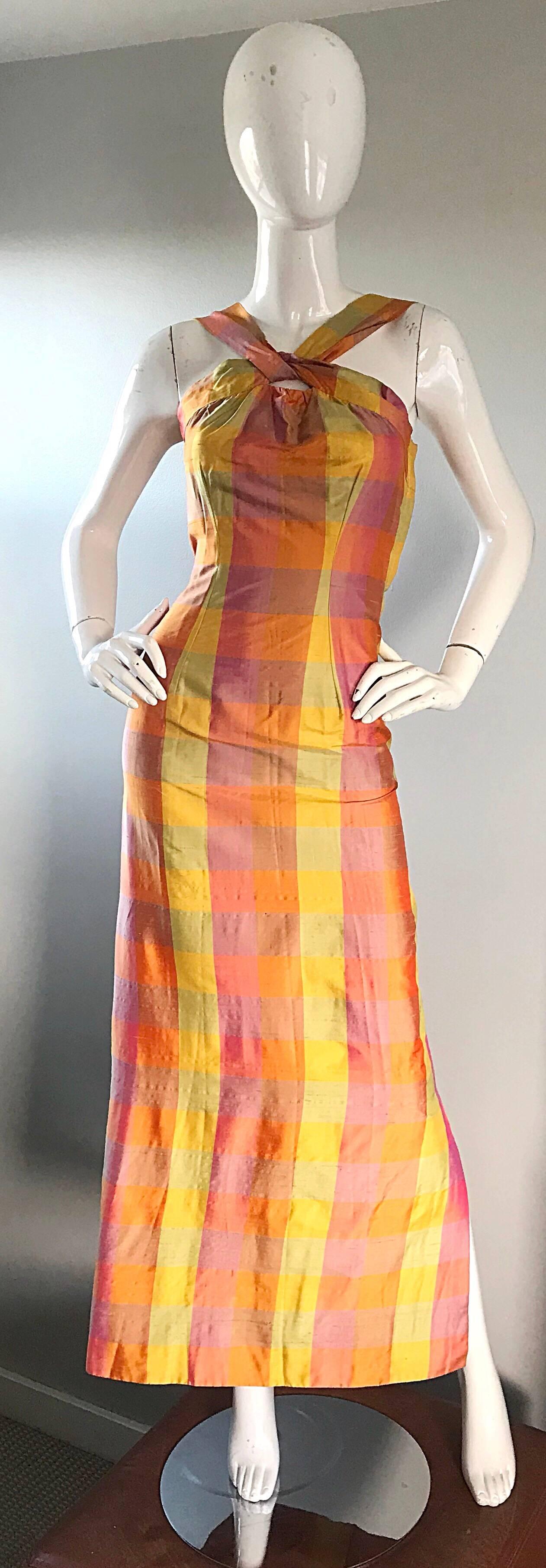 Amazing 1970s Silk Shantung Pink + Yellow + Orange Plaid Vintage 70s Maxi Dress 5
