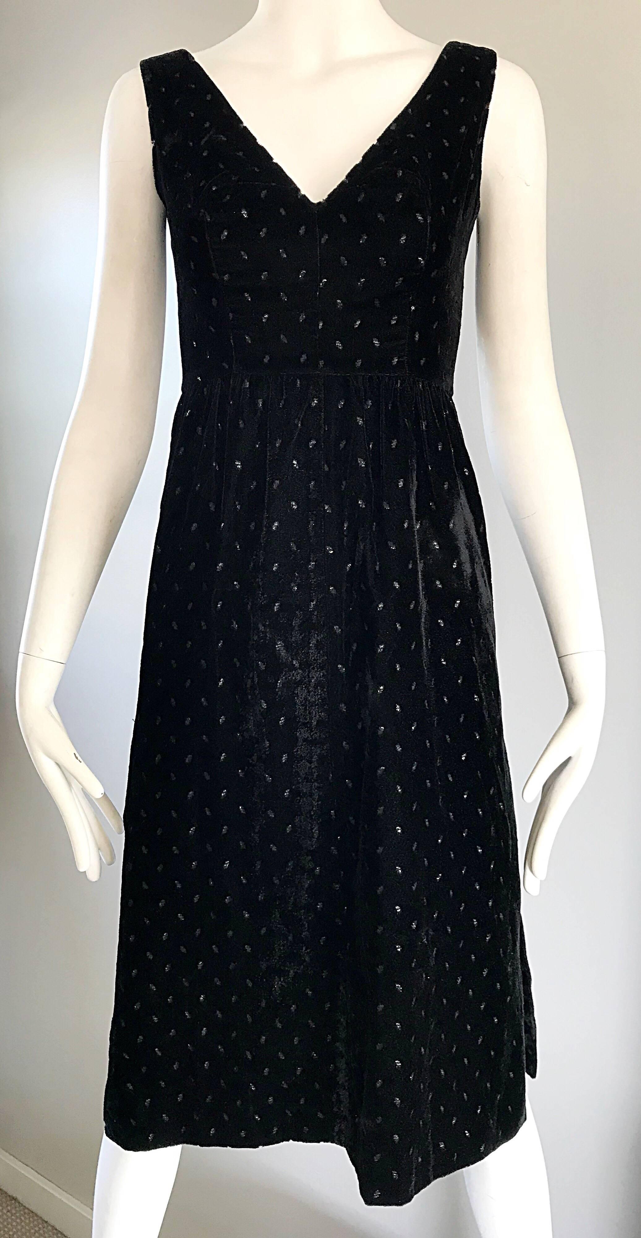 1960s Courreges Black Velvet Metallic Beautiful Vintage 60s A Line Dress  For Sale 1