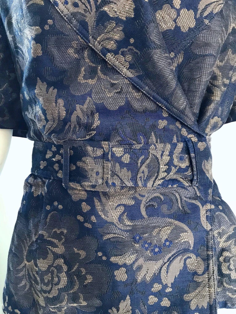Rare 1980s Gucci Navy Blue + Taupe Cotton and Linen Short Sleeve Kimono ...
