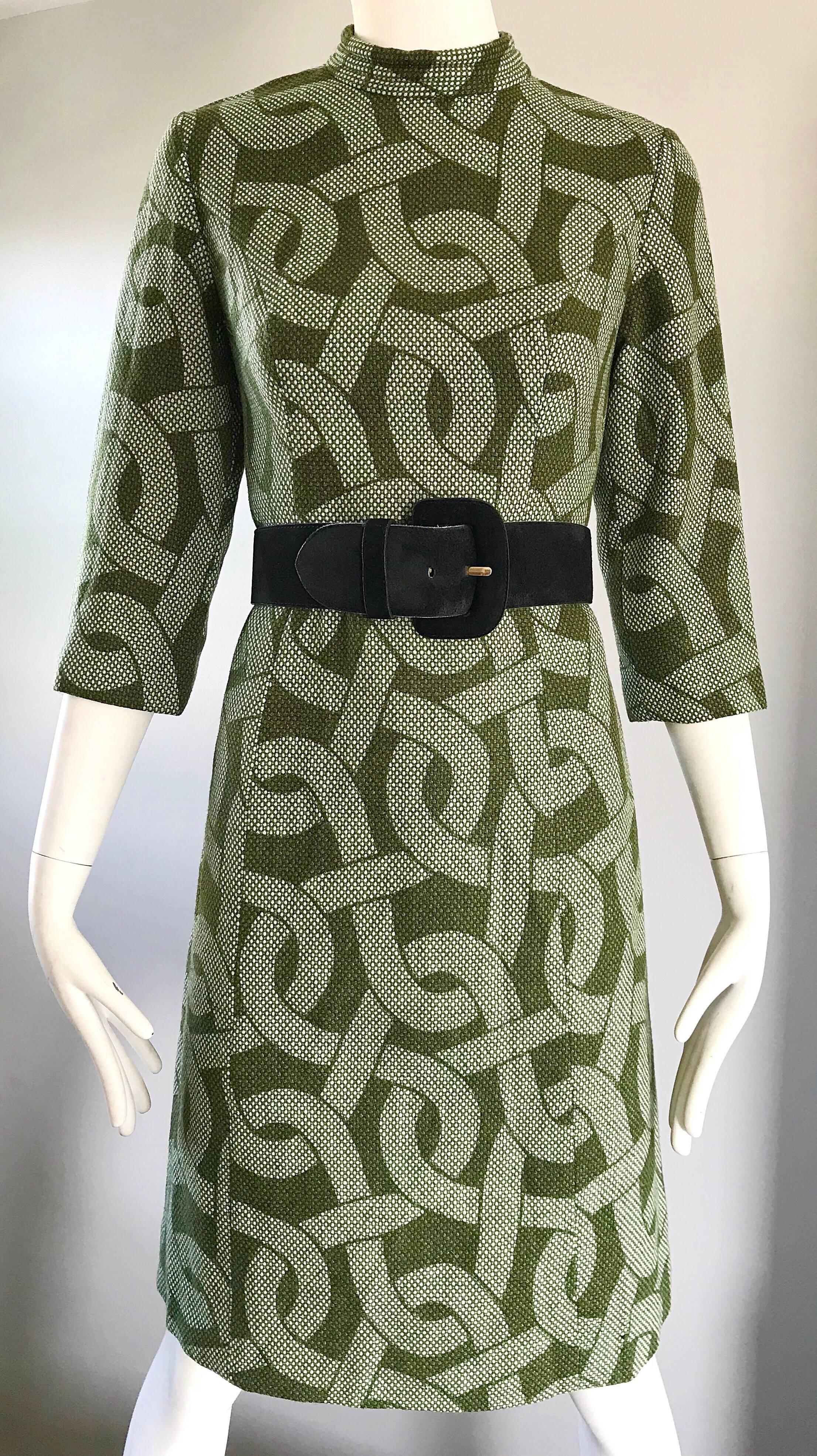 1960s Hunter Green + White ' Chain ' Print 3/4 Sleeves Vintage 60s Wool Dress 2