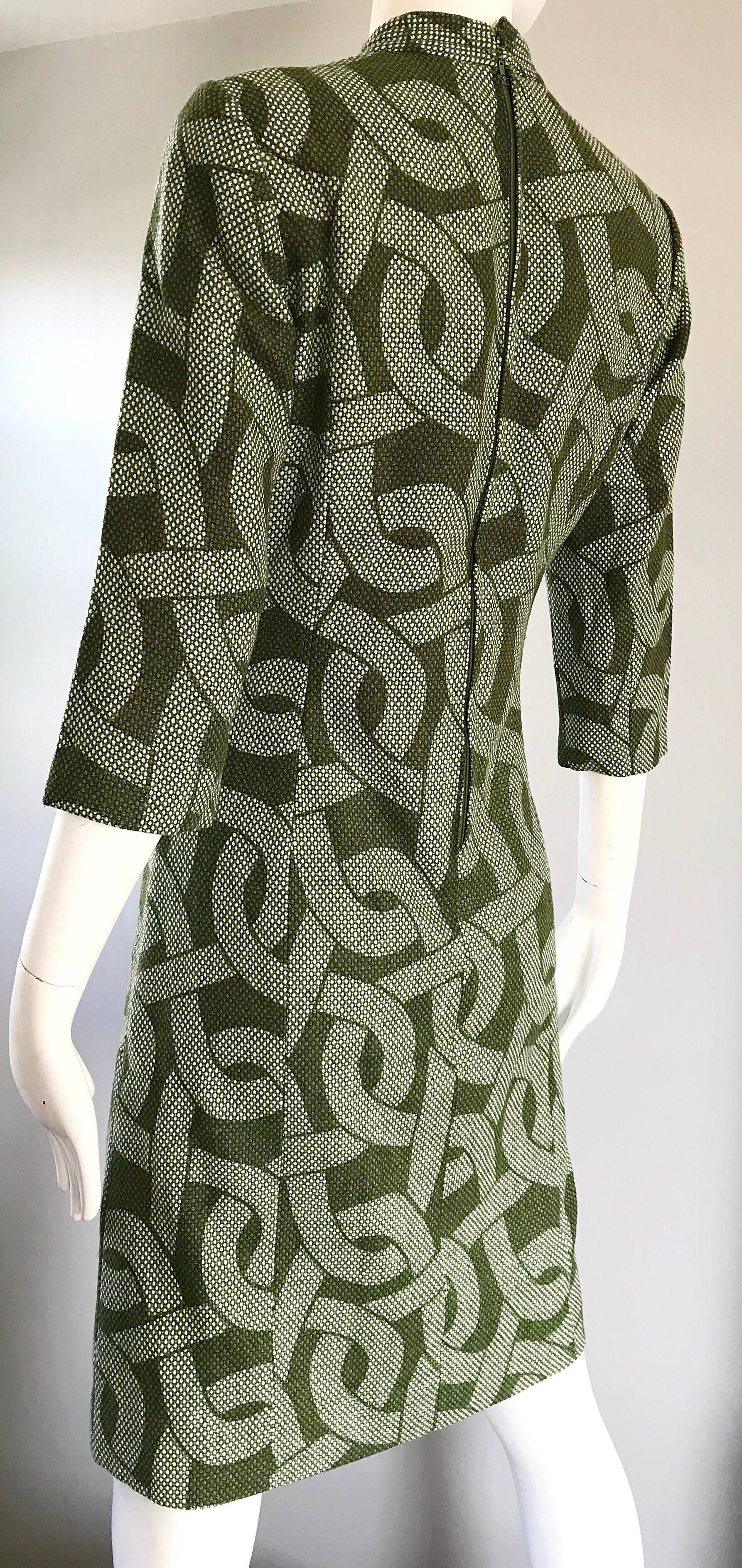 1960s Hunter Green + White ' Chain ' Print 3/4 Sleeves Vintage 60s Wool Dress 4