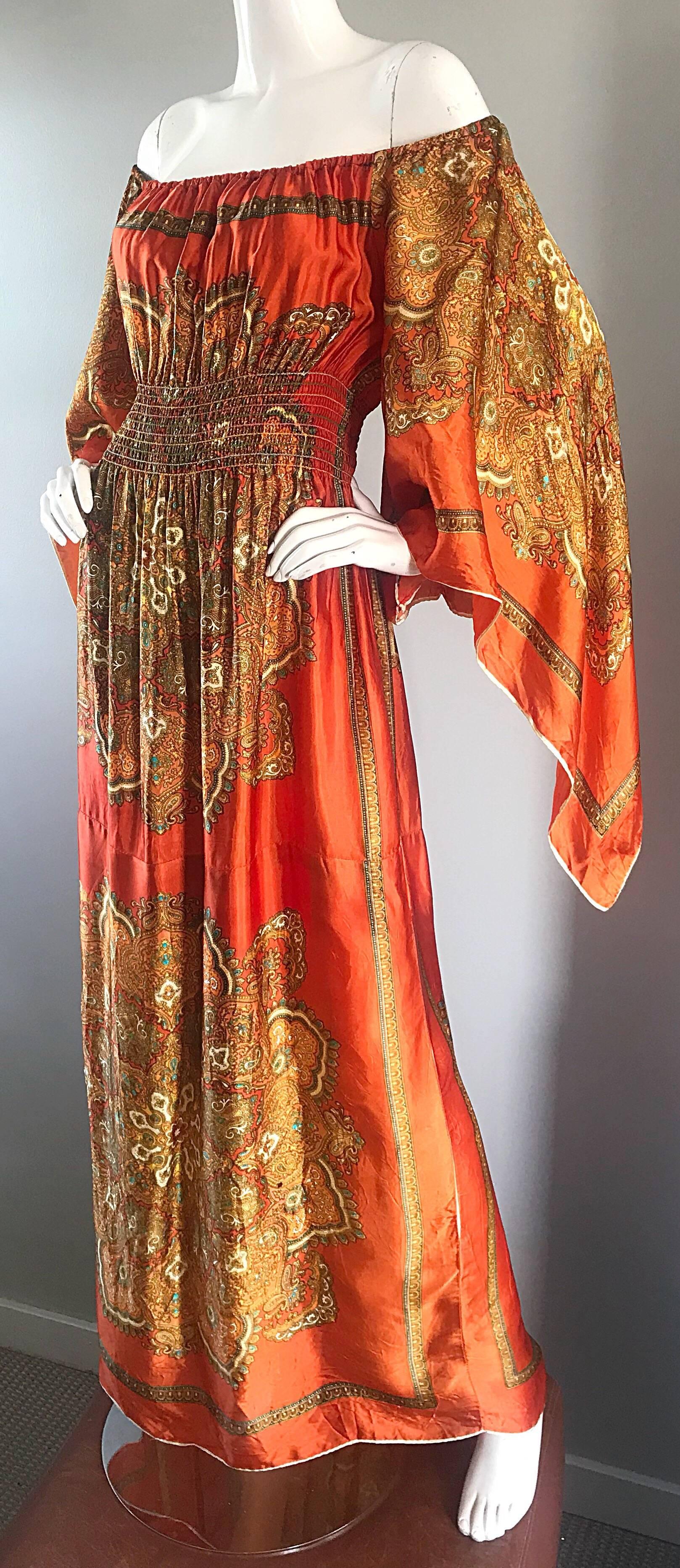 Brown Amazing 1970s Off - Shoulder Boho Ethnic Print Silky Vintage 70s Maxi Dress
