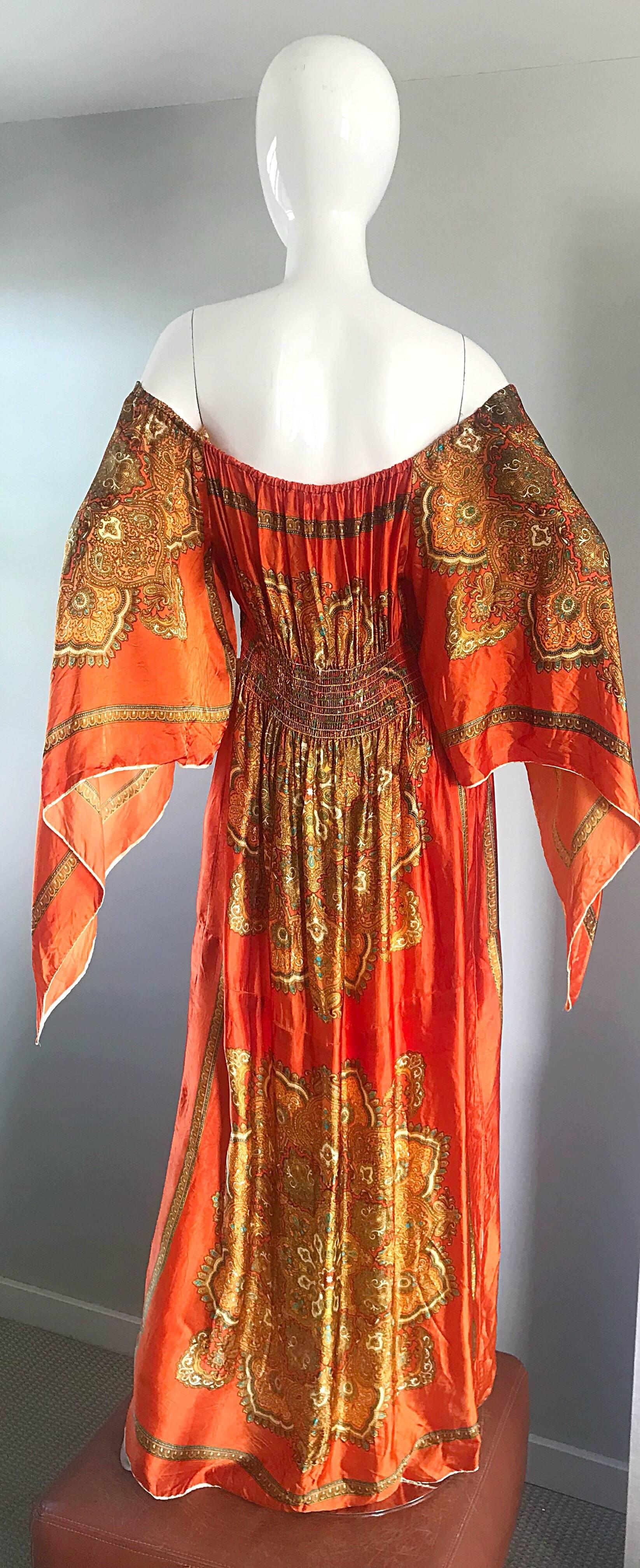 Amazing 1970s Off - Shoulder Boho Ethnic Print Silky Vintage 70s Maxi Dress In Excellent Condition In San Diego, CA