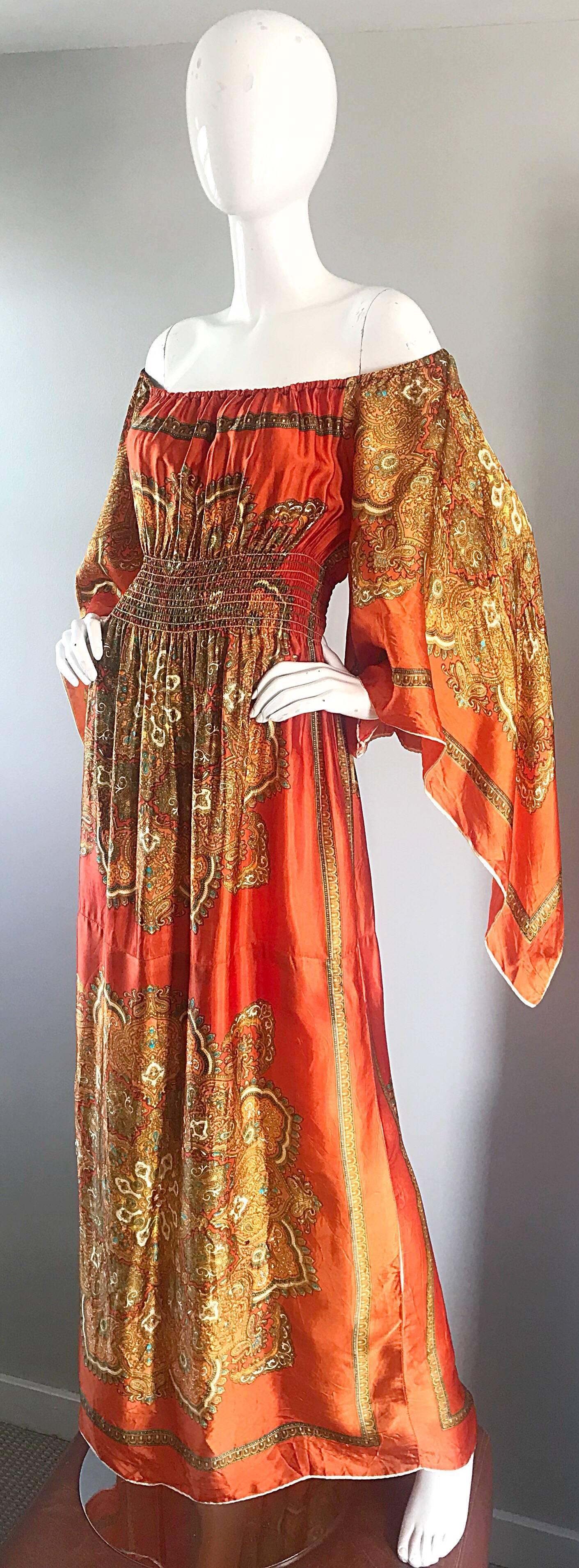 Women's Amazing 1970s Off - Shoulder Boho Ethnic Print Silky Vintage 70s Maxi Dress