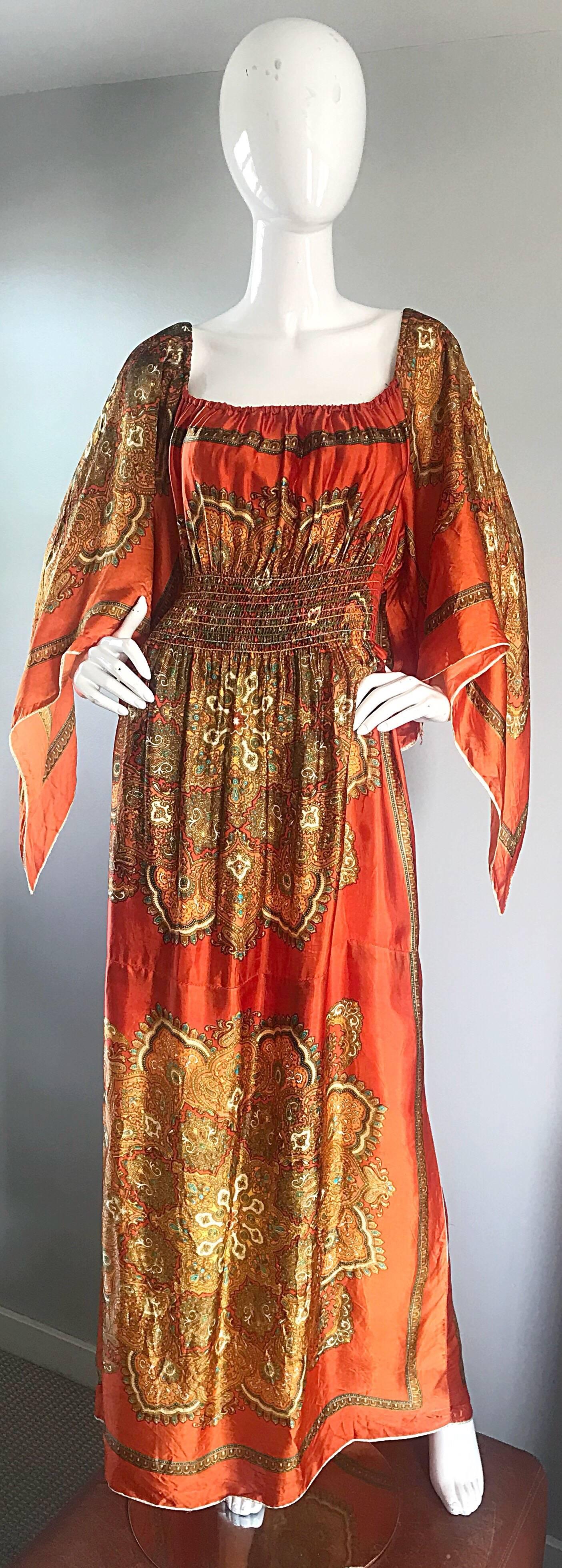 Amazing 1970s Off - Shoulder Boho Ethnic Print Silky Vintage 70s Maxi Dress 1