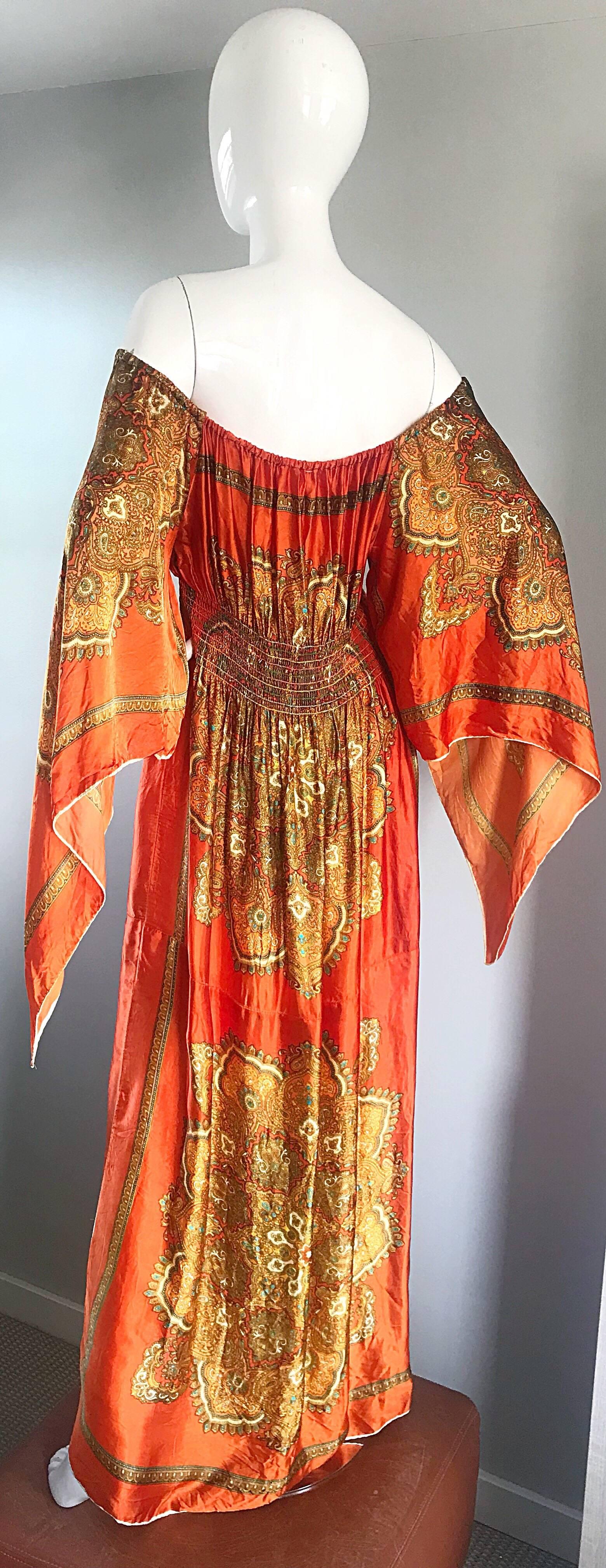 Amazing 1970s Off - Shoulder Boho Ethnic Print Silky Vintage 70s Maxi Dress 2