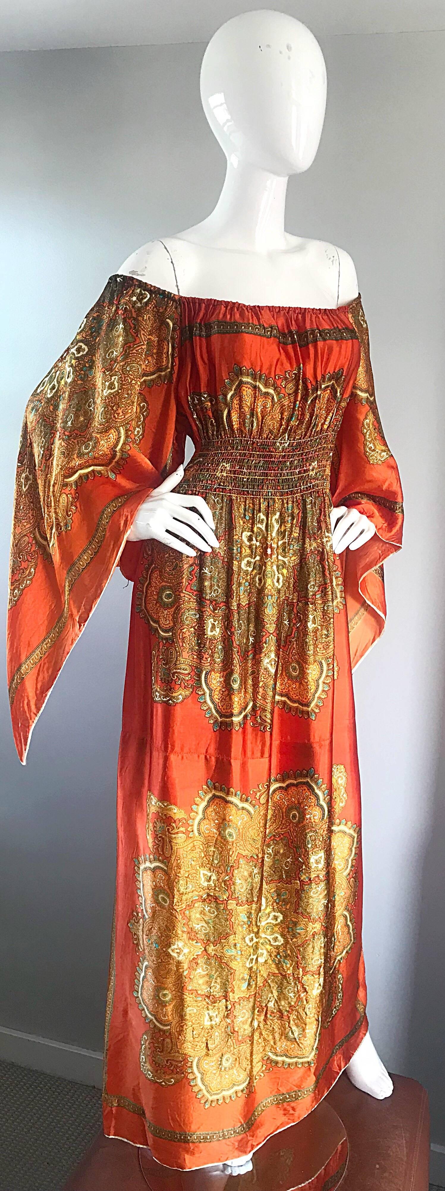 Amazing 1970s Off - Shoulder Boho Ethnic Print Silky Vintage 70s Maxi Dress 3