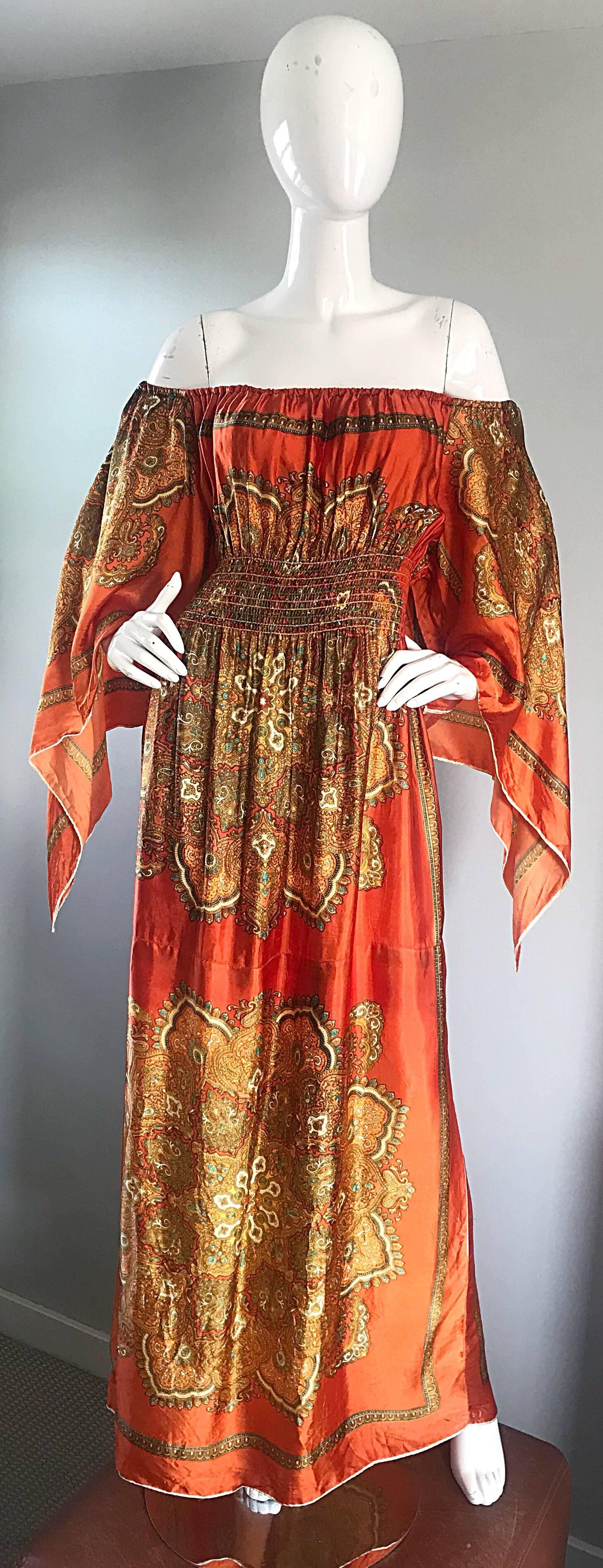 Amazing 1970s Off - Shoulder Boho Ethnic Print Silky Vintage 70s Maxi Dress 5
