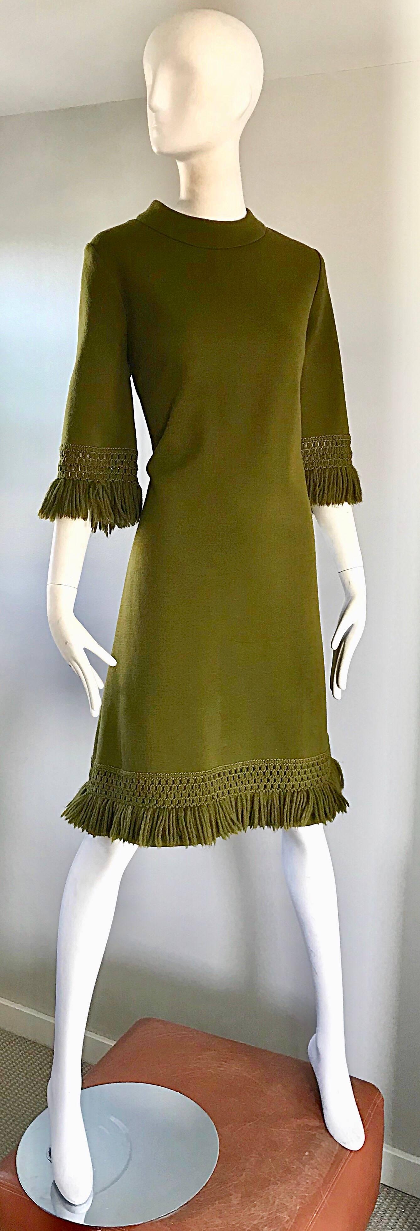 Brown 1960s Hunter Forest Green 3/4 Sleeves Fringe Hem Chic Vintage 60s Wool Dress 