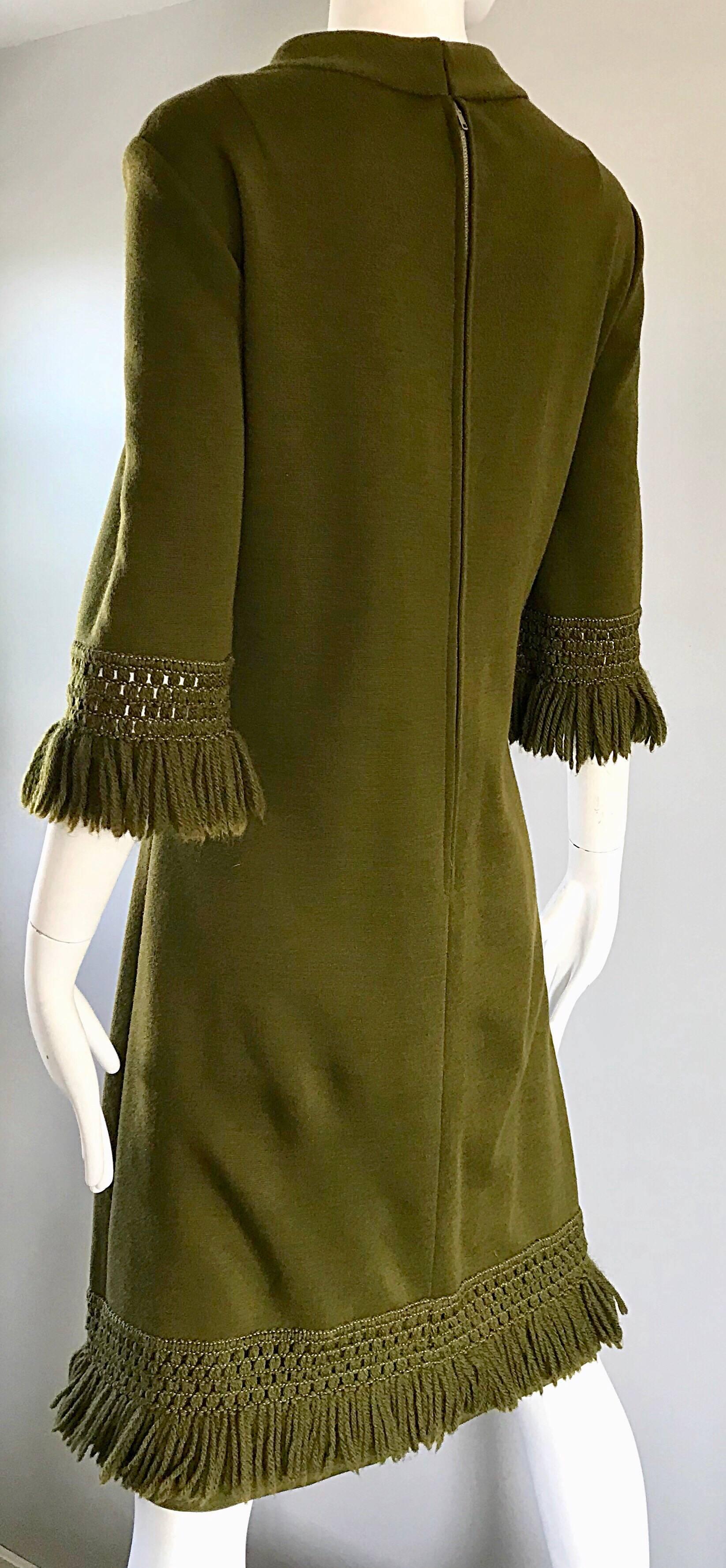 1960s Hunter Forest Green 3/4 Sleeves Fringe Hem Chic Vintage 60s Wool Dress  In Good Condition In San Diego, CA