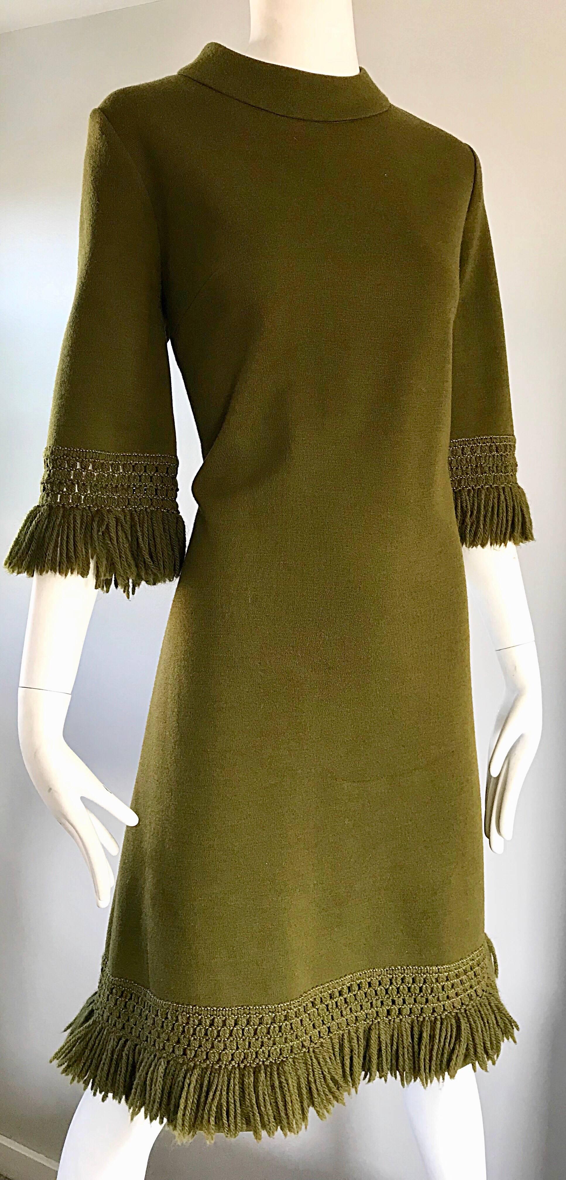 1960s Hunter Forest Green 3/4 Sleeves Fringe Hem Chic Vintage 60s Wool Dress  2