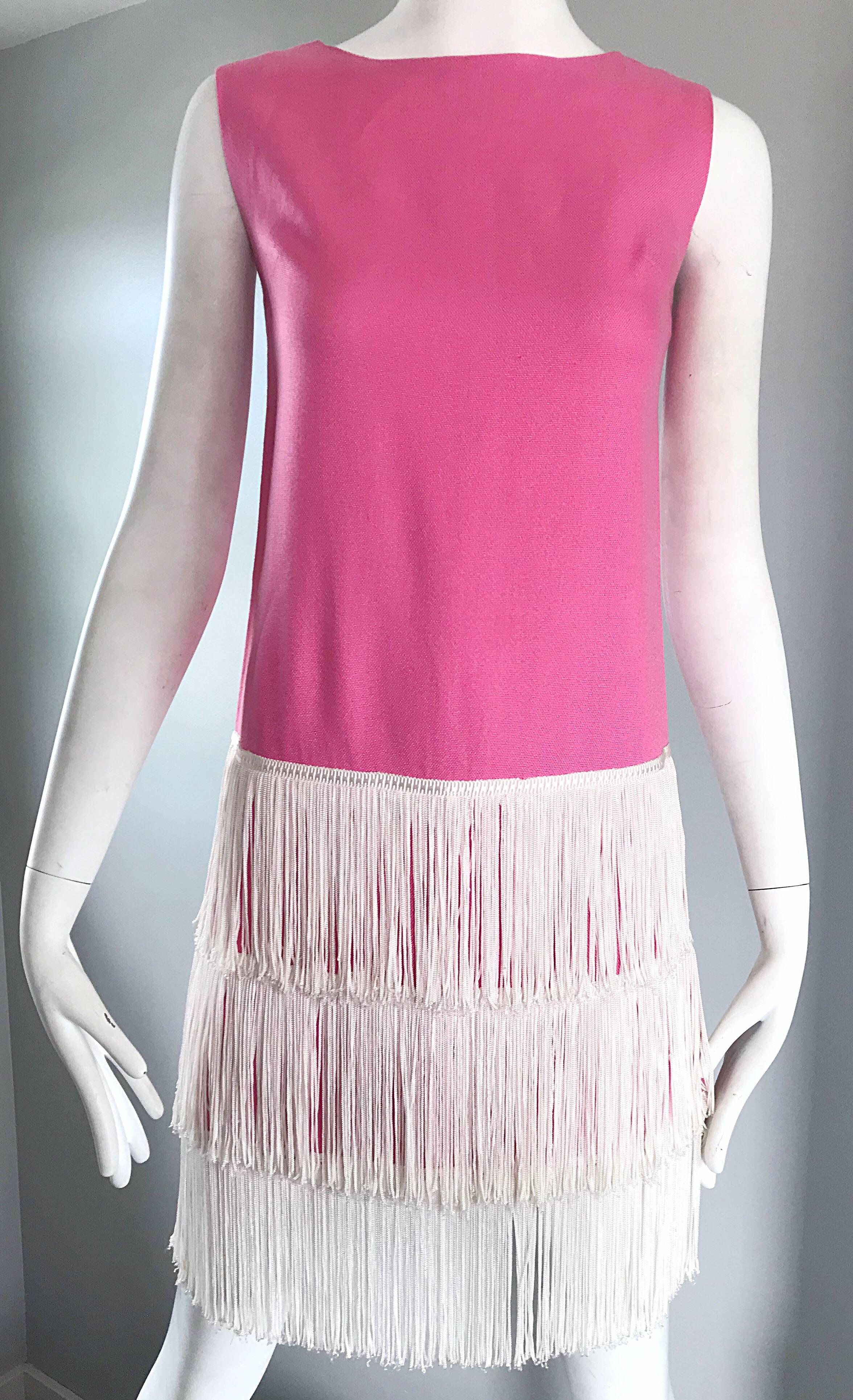 Women's 1960s does 1920s Bubblegum Pink + White Fringe Vintage 60s Flapper Shift Dress For Sale
