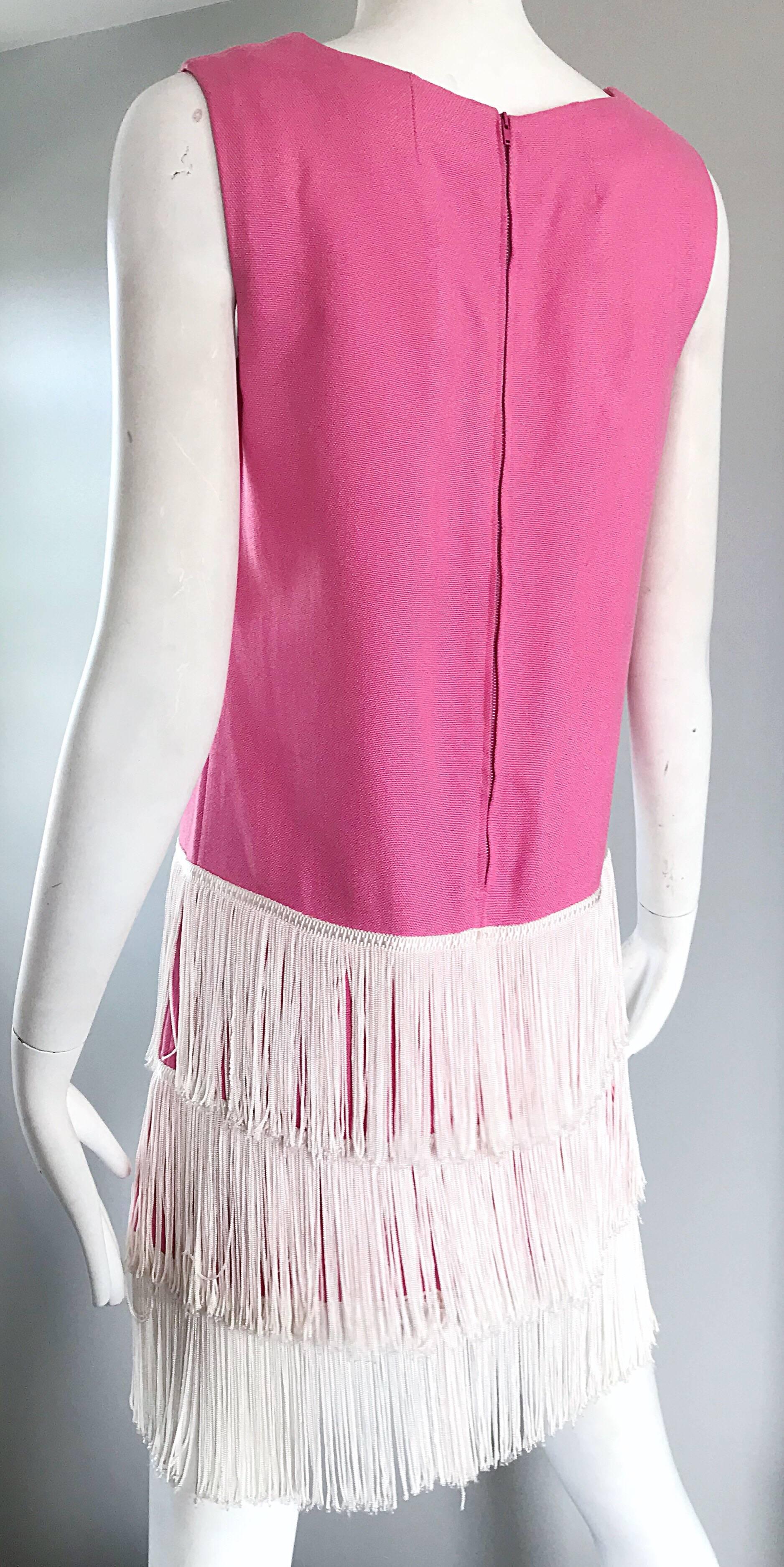 1960s does 1920s Bubblegum Pink + White Fringe Vintage 60s Flapper Shift Dress For Sale 1