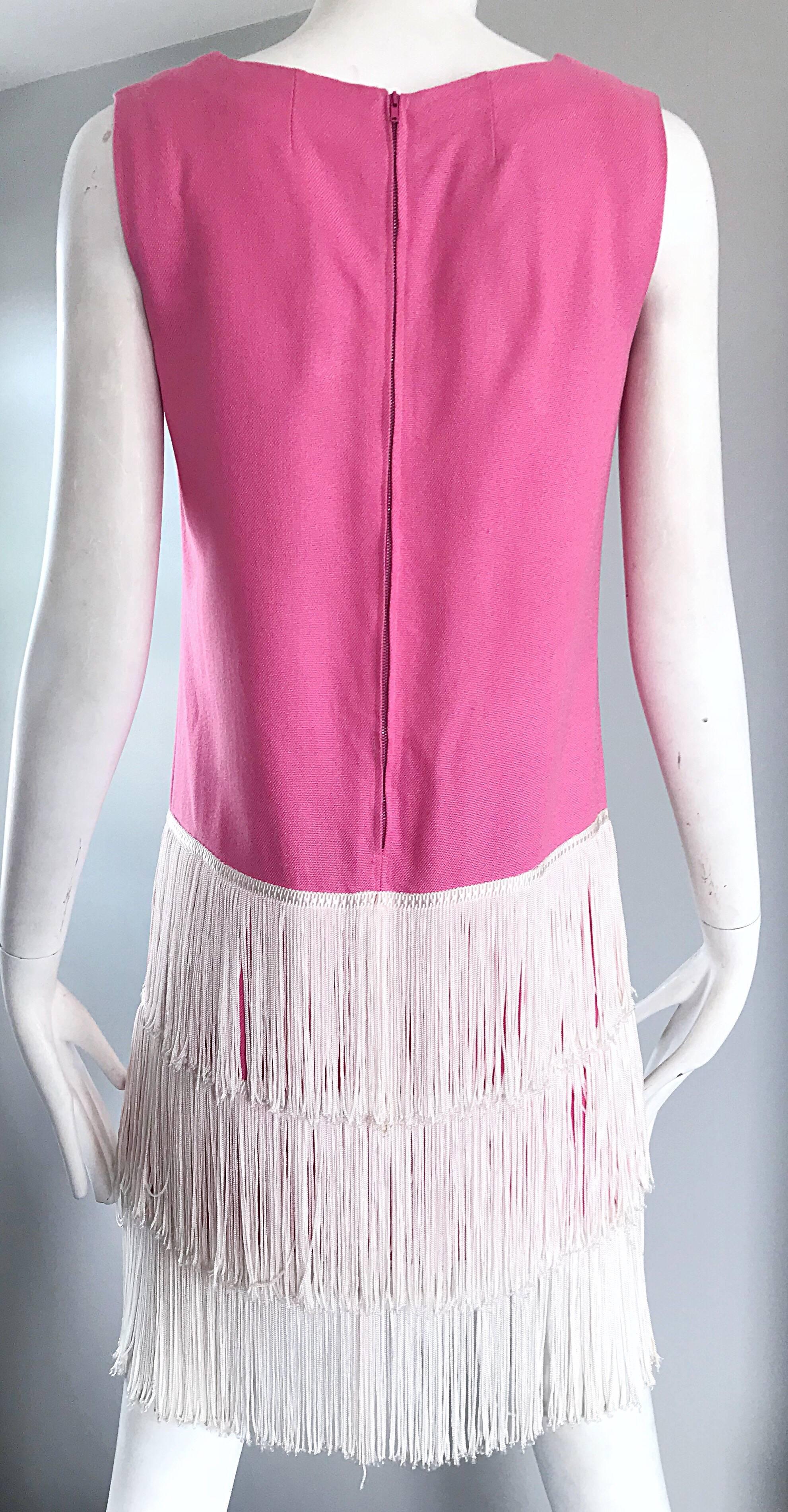 1960s does 1920s Bubblegum Pink + White Fringe Vintage 60s Flapper Shift Dress For Sale 2