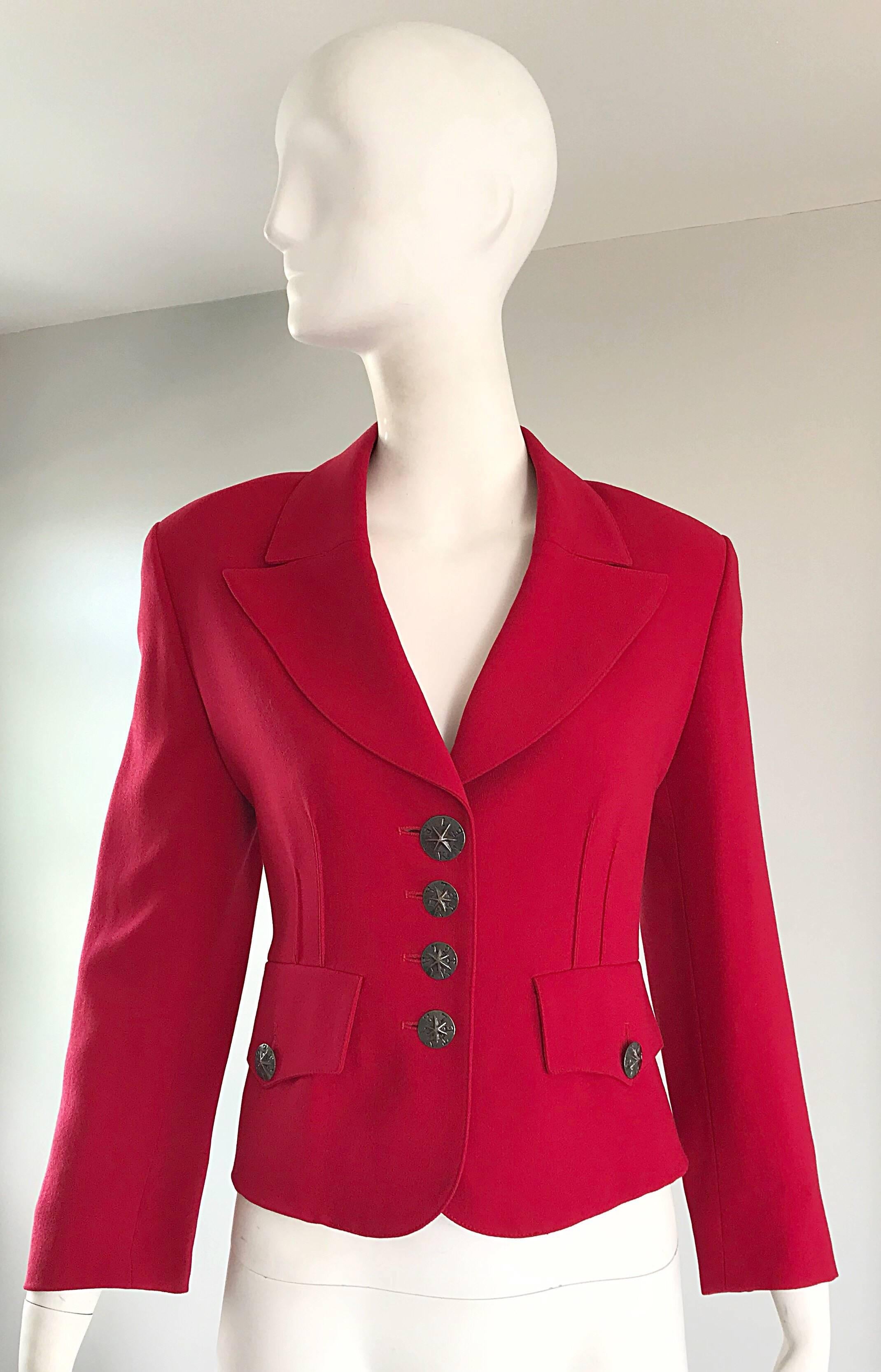 Chic 90s SONIA RYKIEL lipstick red 40s style cropped blazer! Smart tailored fit, with silver/nickel star logo buttons up the bodice, and at each sleeve cuff (extra buttons are also attached to the interior). Pockets at each side of the waist .