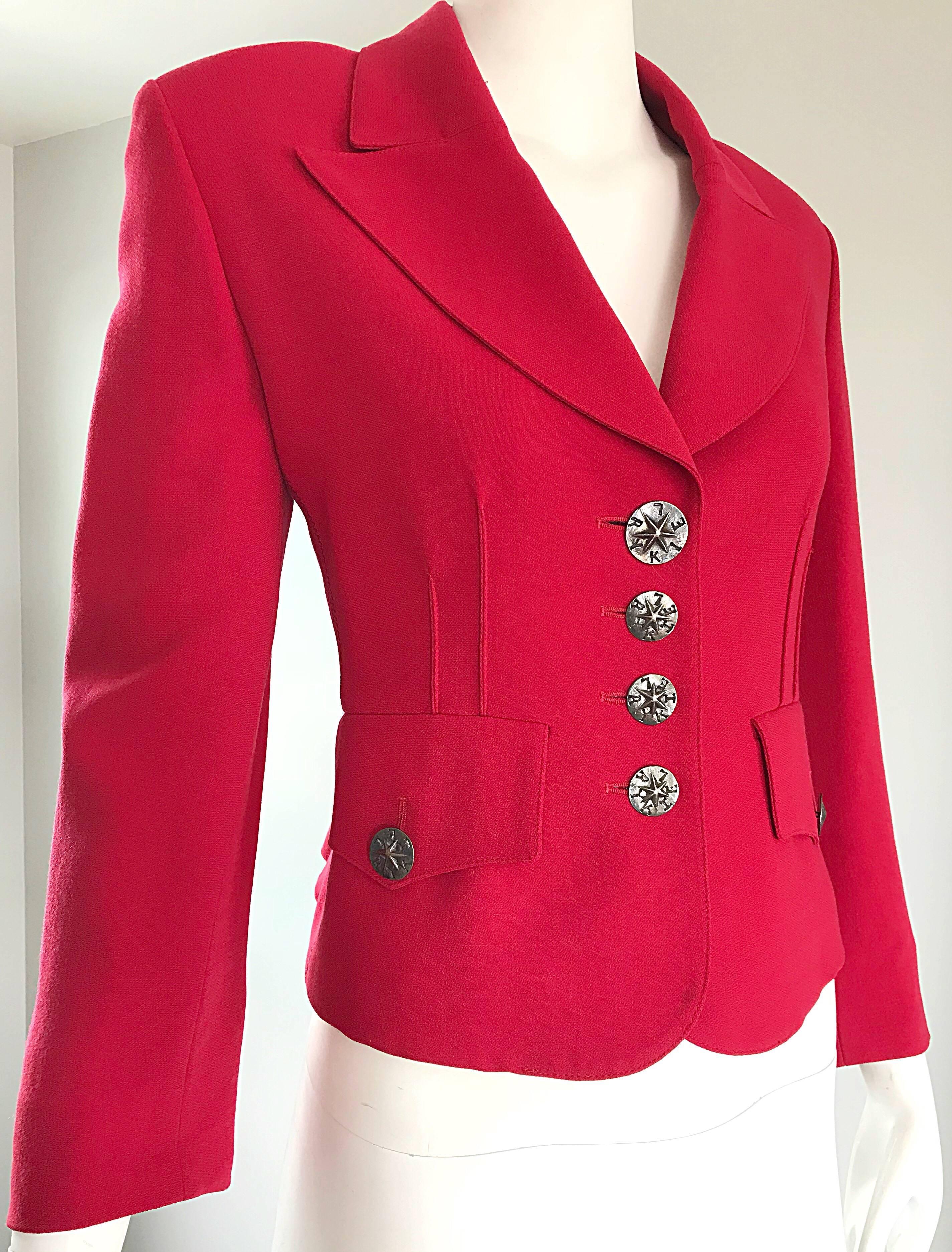 Vintage Sonia Rykiel 1990s Does 40s Sz 40 Lipstick Red Cropped 90s Blazer Jacket In Excellent Condition For Sale In San Diego, CA