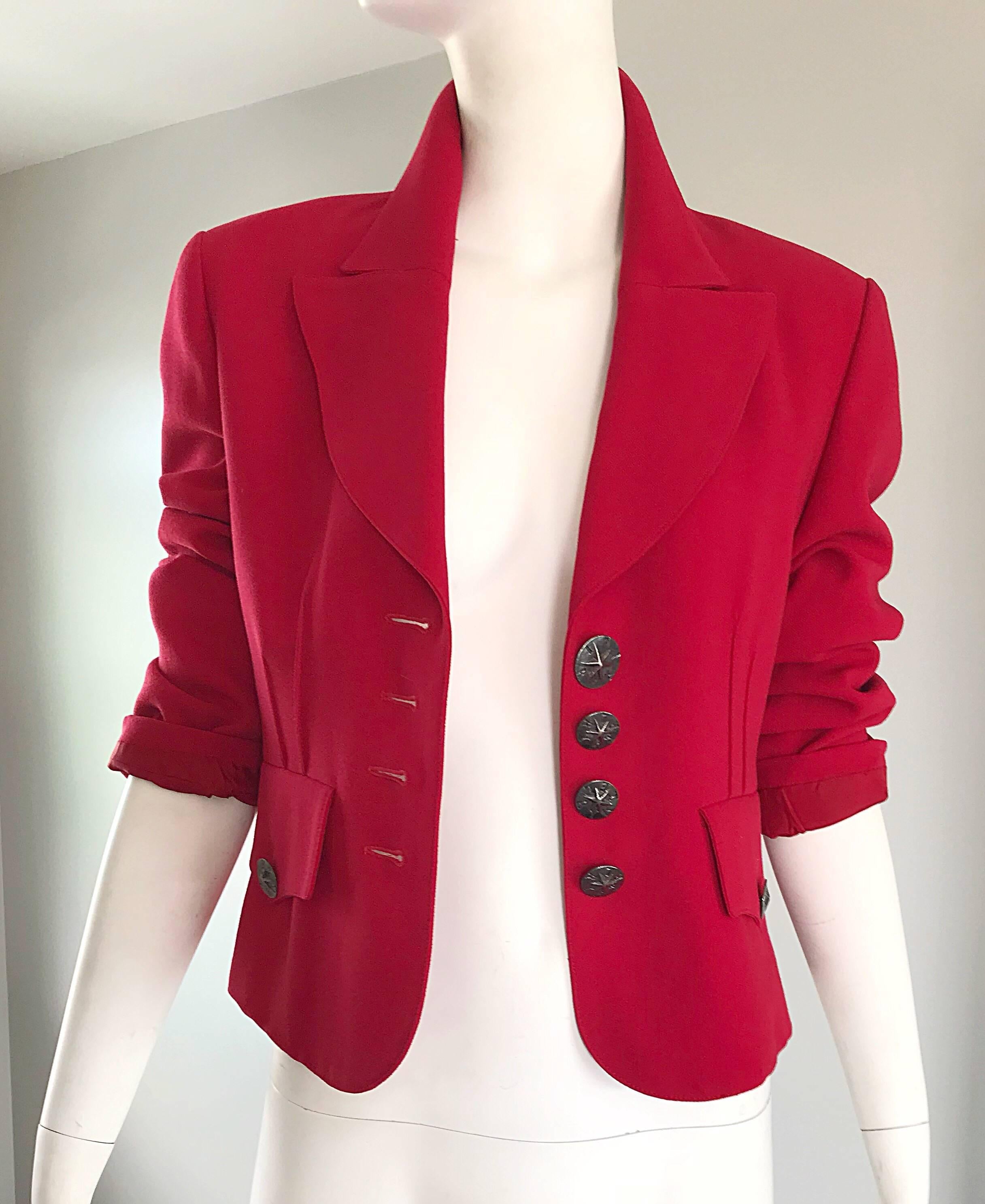 Vintage Sonia Rykiel 1990s Does 40s Sz 40 Lipstick Red Cropped 90s Blazer Jacket For Sale 1