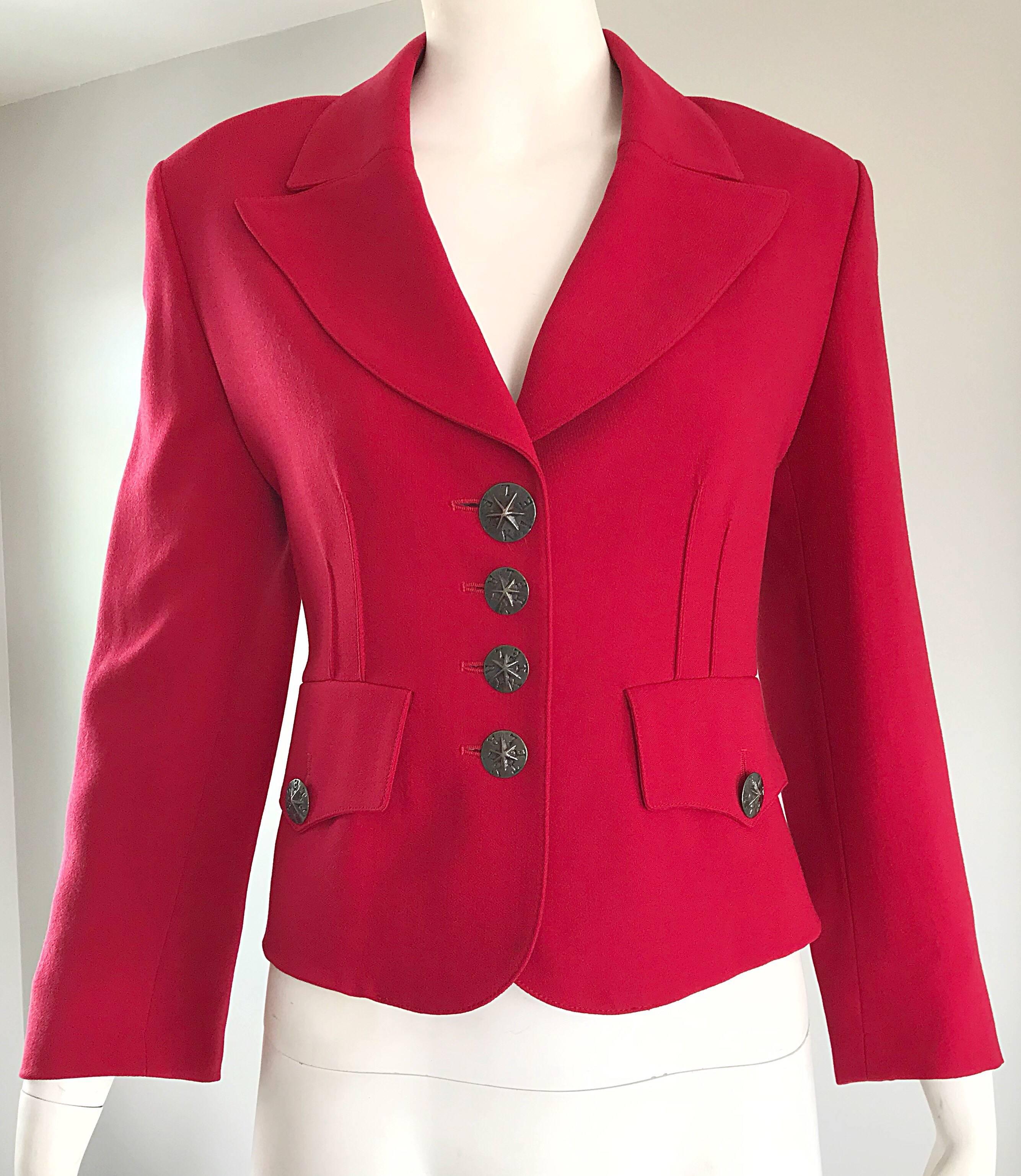 Vintage Sonia Rykiel 1990s Does 40s Sz 40 Lipstick Red Cropped 90s Blazer Jacket For Sale 2
