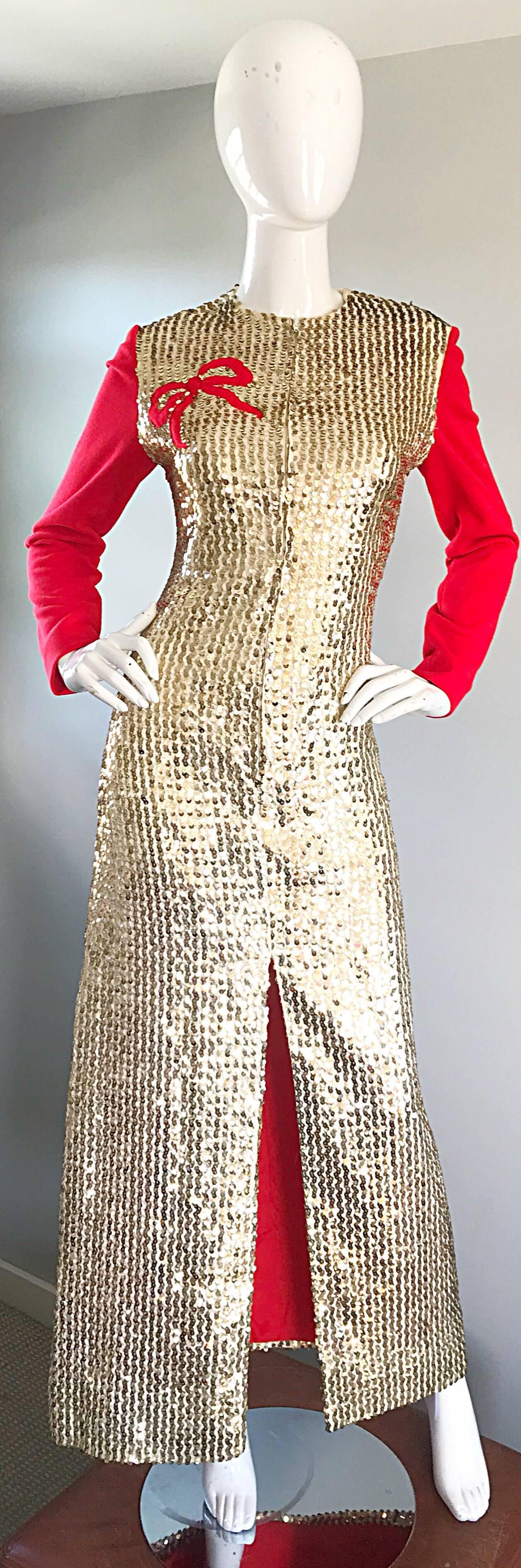 Incredible, and super rare mid 60s one of a kind OSCAR DE LA RENTA gold and red sequin long sleeve gown! Features thousands of hand-sewn gold sequins thorughout. Embroidered red ribbon at right breast. Soft red virgin wool long sleeves. Fully lined.