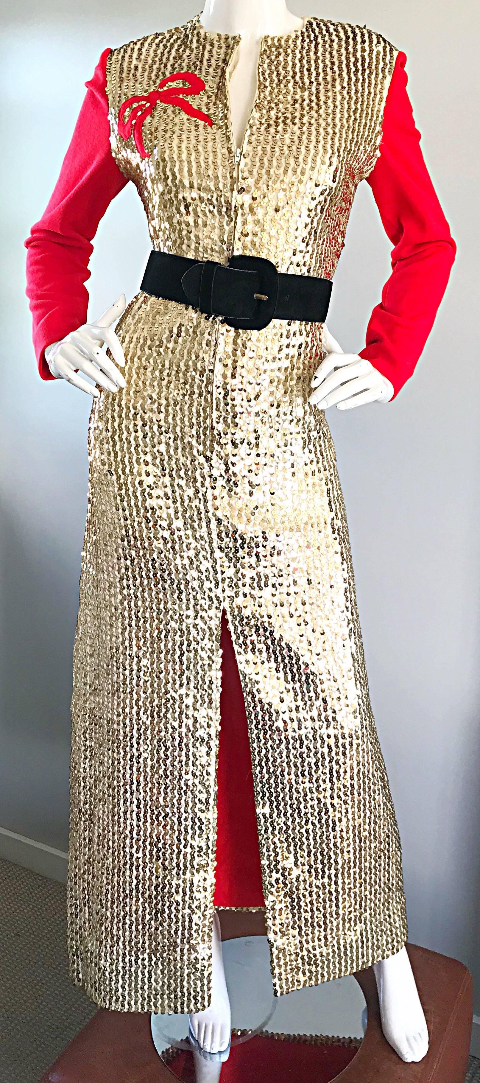 Beige 1960s Oscar de la Renta Gold and Red Ribbon Silk Sequin Vintage 60s Gown Dress For Sale