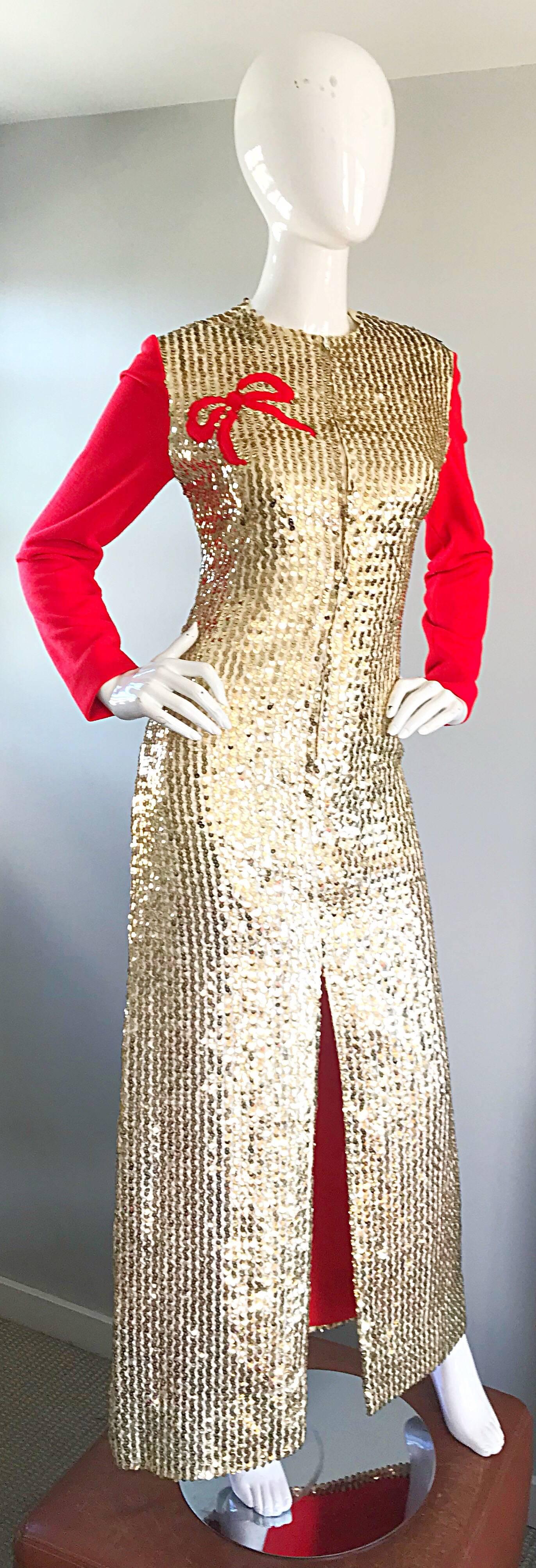 1960s Oscar de la Renta Gold and Red Ribbon Silk Sequin Vintage 60s Gown Dress In Excellent Condition For Sale In San Diego, CA
