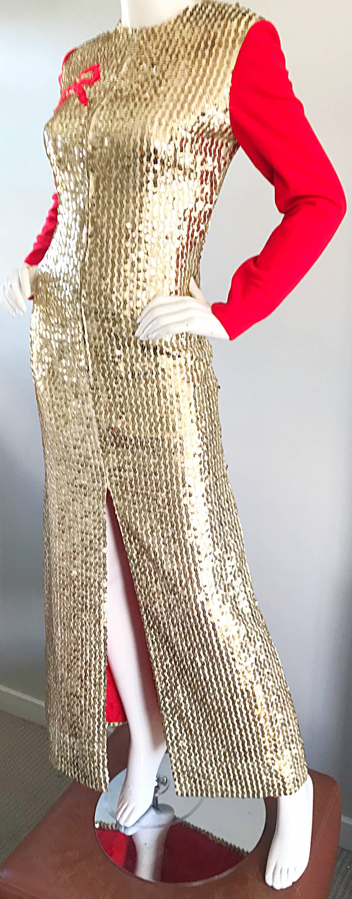 Women's 1960s Oscar de la Renta Gold and Red Ribbon Silk Sequin Vintage 60s Gown Dress For Sale