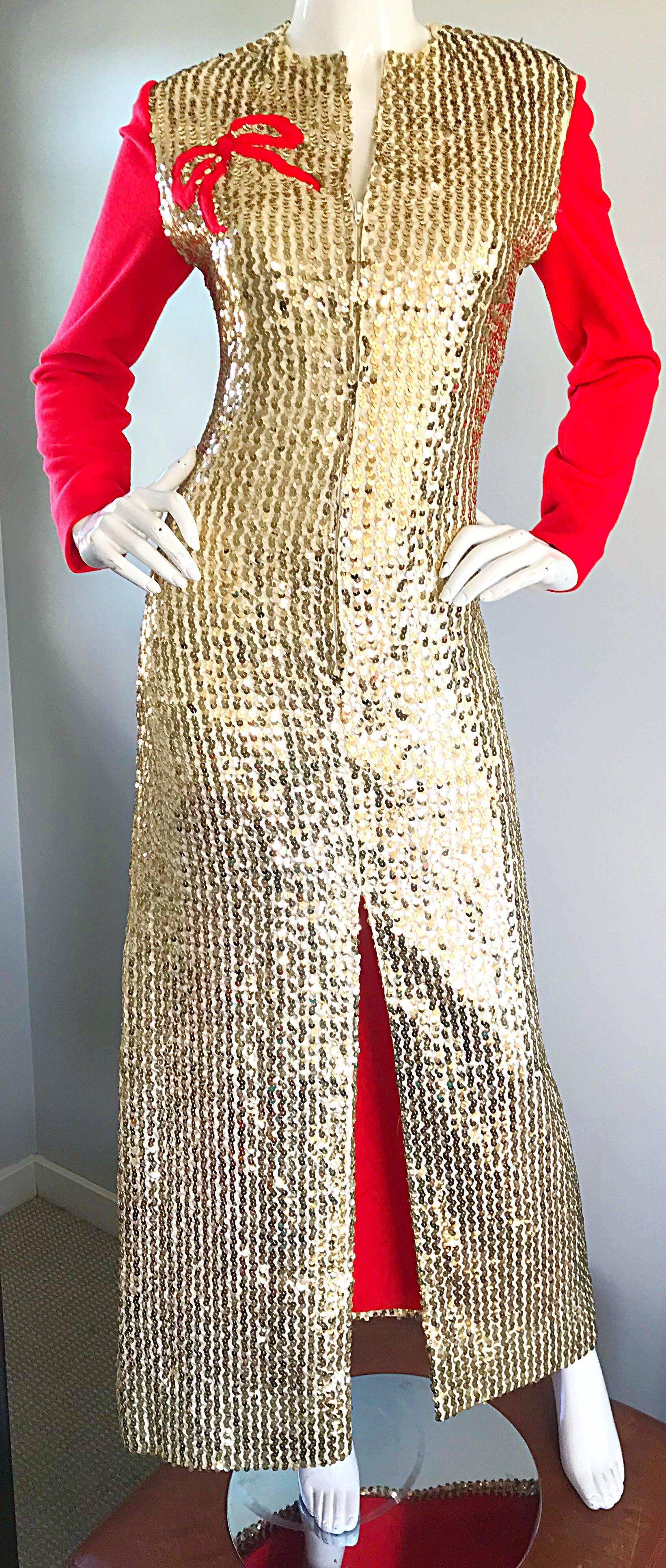 1960s Oscar de la Renta Gold and Red Ribbon Silk Sequin Vintage 60s Gown Dress For Sale 1