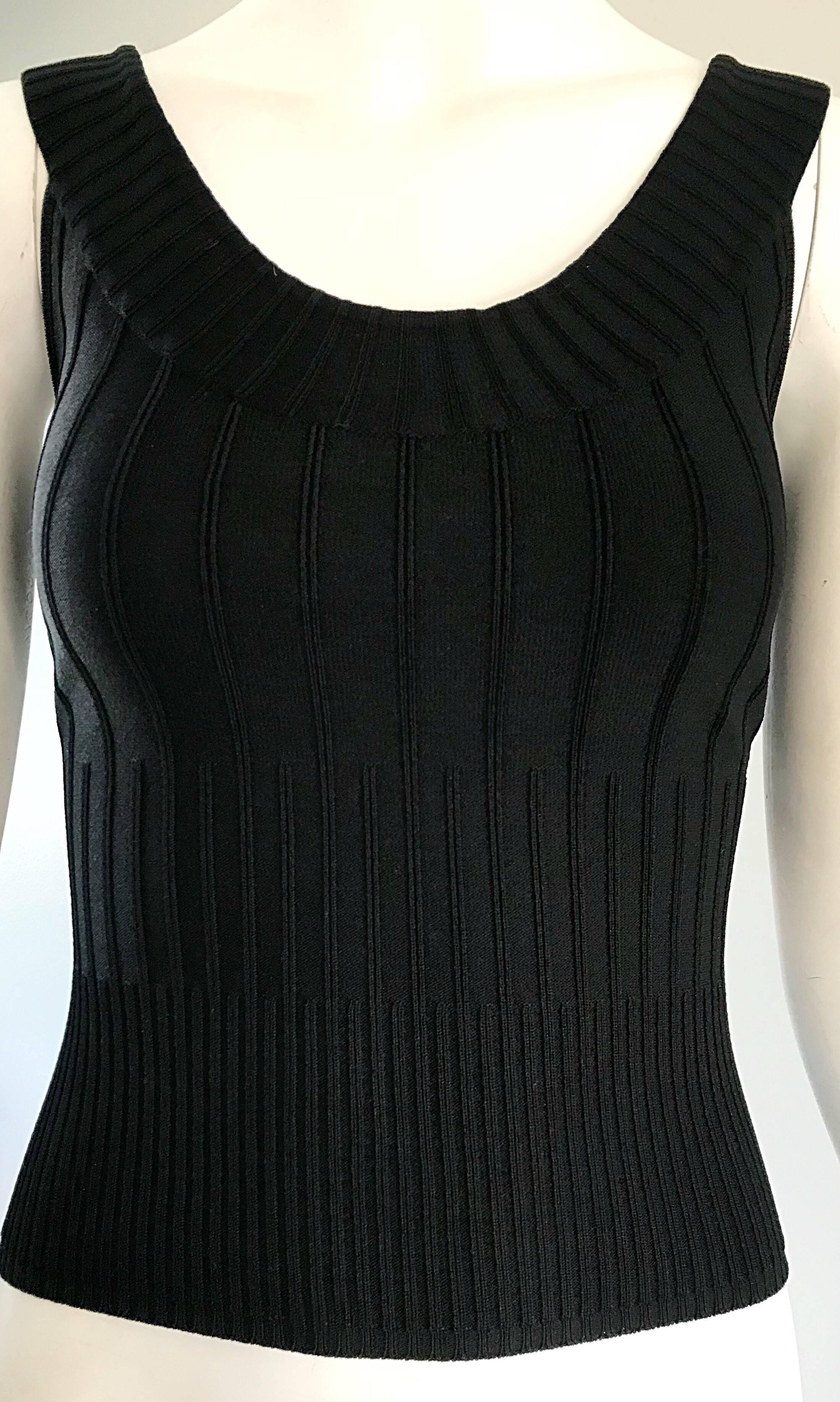 Noir Thierry Mugler Couture 1990 Black Ribbed Sleeveless Vintage 90s Crop Top Shirt en vente