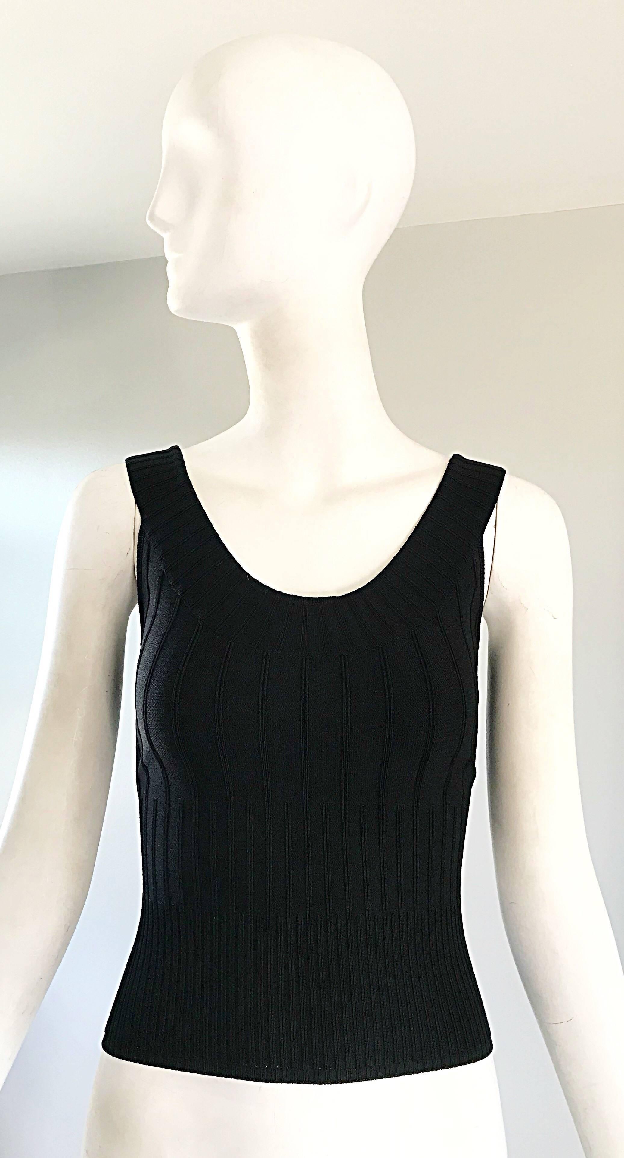Thierry Mugler Couture 1990 Black Ribbed Sleeveless Vintage 90s Crop Top Shirt Excellent état - En vente à San Diego, CA