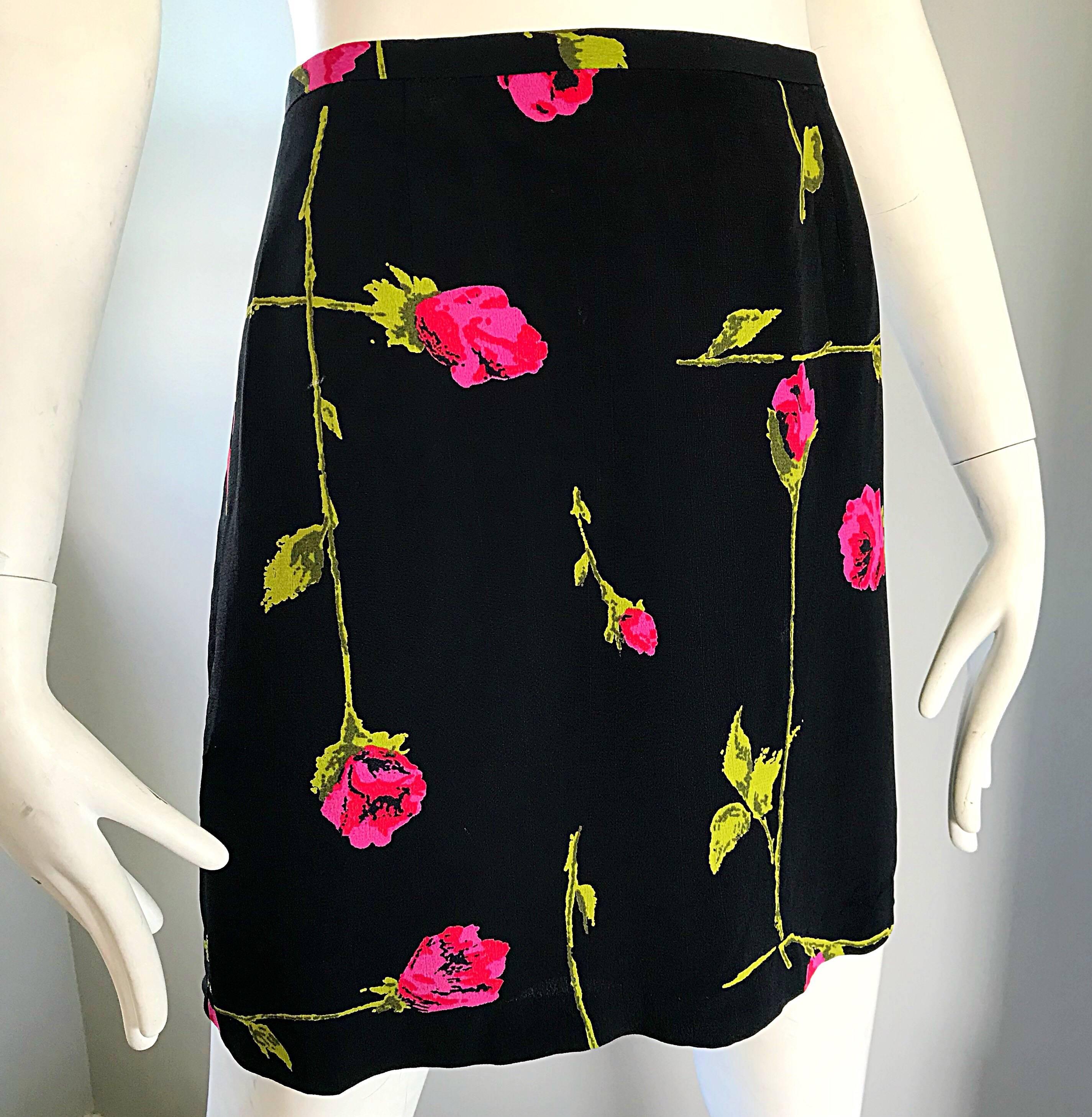 1990s Betsey Johnson Rose Print Hot Pink + Green + Black Vintage 90s Mini Skirt 1