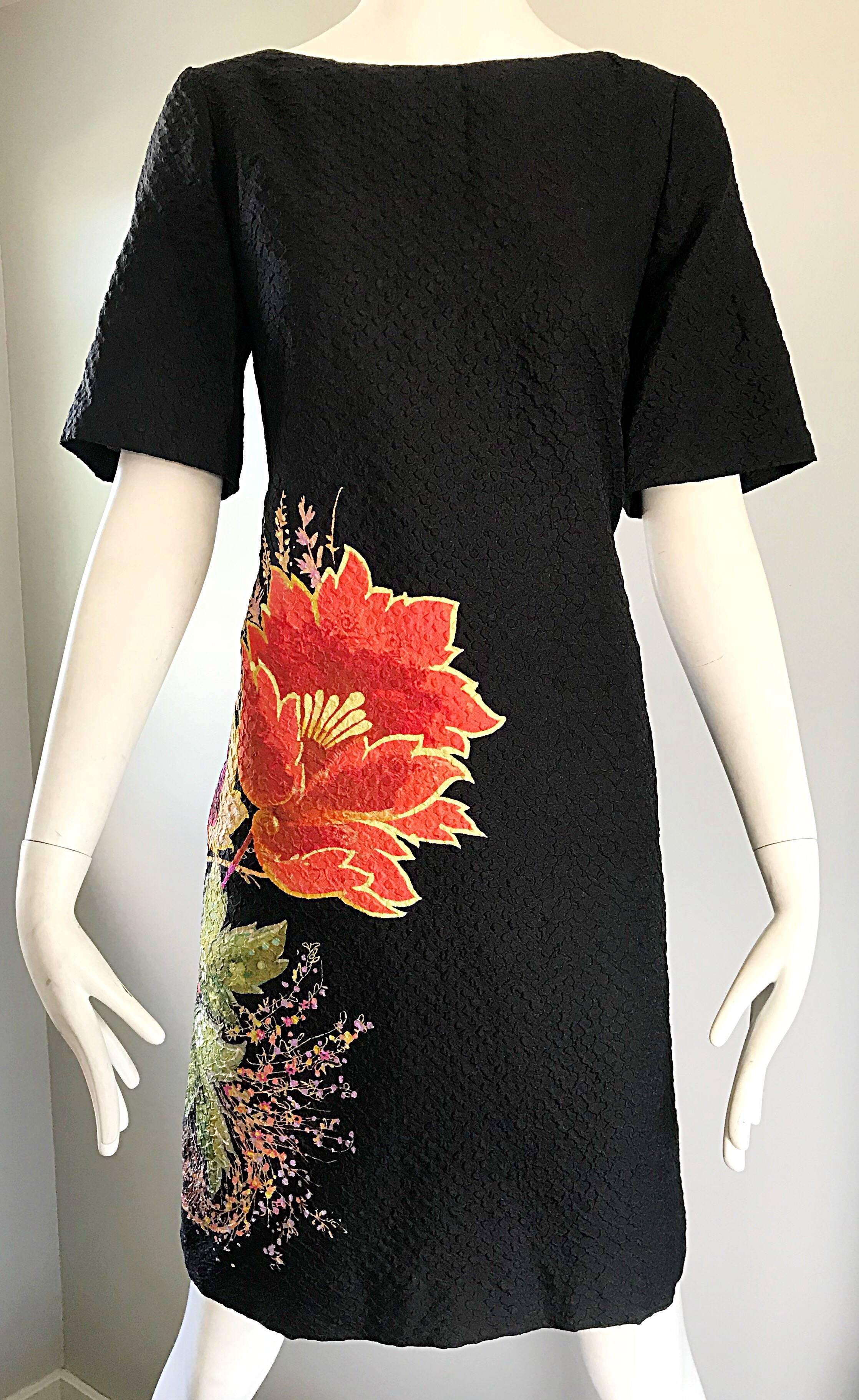 Women's Vintage Etro 1990s Black Silk Size 40 Floral Print Short Sleeve 90s Shift Dress For Sale
