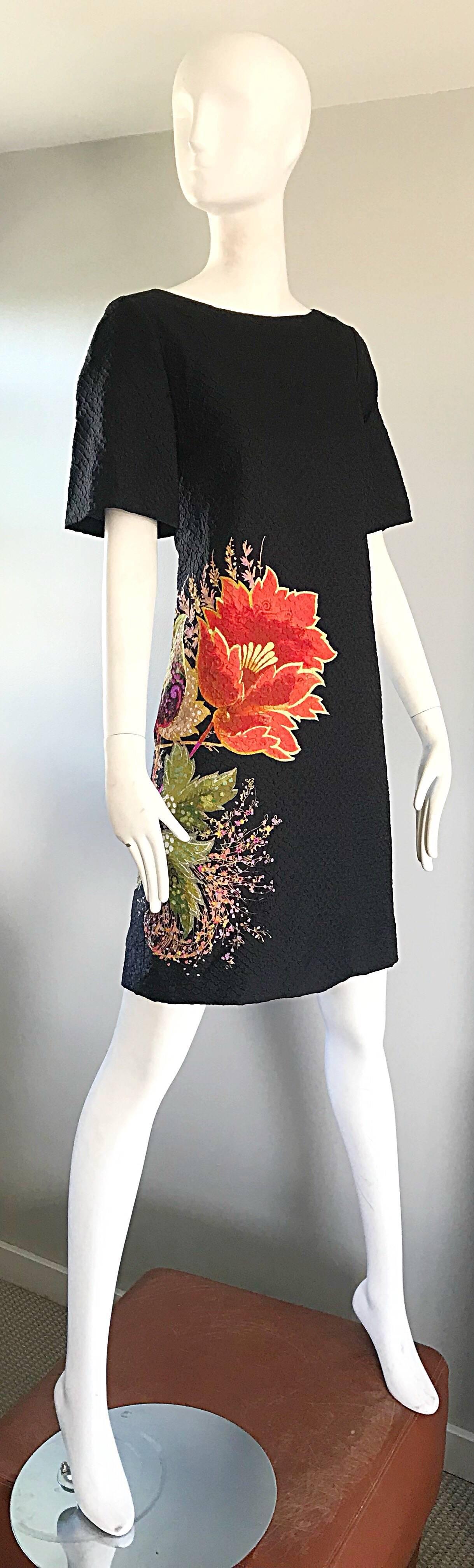 Vintage Etro 1990s Black Silk Size 40 Floral Print Short Sleeve 90s Shift Dress For Sale 1